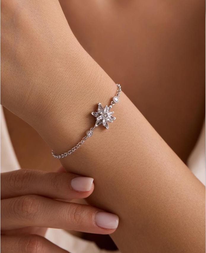 Lotus Flower Bracelet | 925 Sterling Silver Rhodium | White Zircon Floral | Gift
