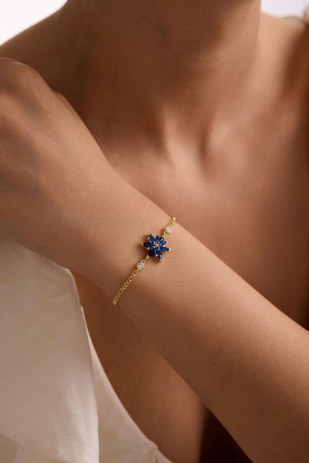 Lotus Flower Bracelet | 925 Sterling Silver 14K Gold Plated | Blue Zircon Floral | Gift