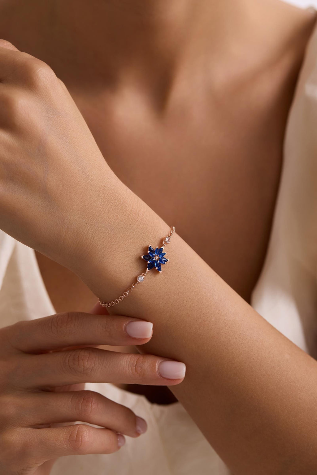 Lotus Flower Bracelet | 925 Sterling Silver Rose Gold | Blue Zircon Floral | Gift