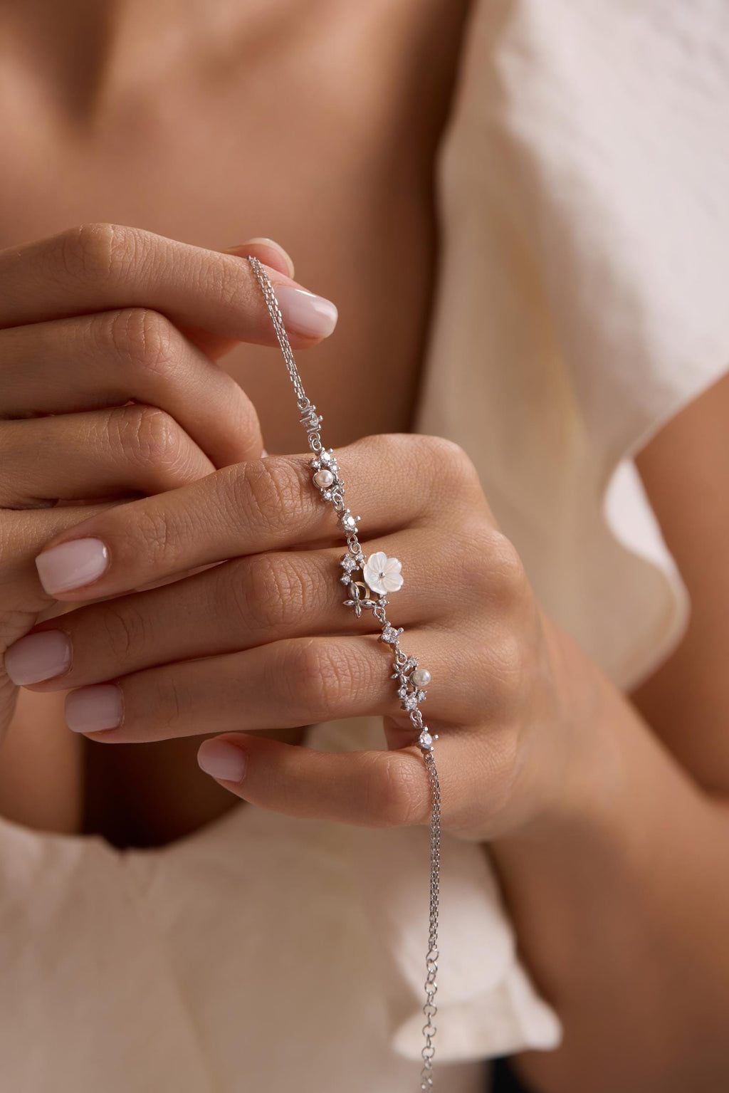 Magnolia Flower Bracelet | 925 Sterling Silver Rhodium | Pearl Butterfly Floral | Gift