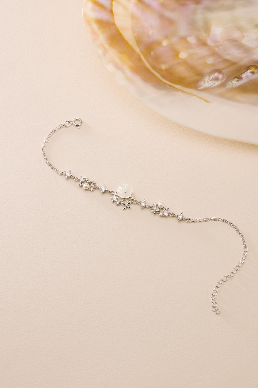 Magnolia Flower Bracelet | 925 Sterling Silver Rhodium | Pearl Butterfly Floral | Gift