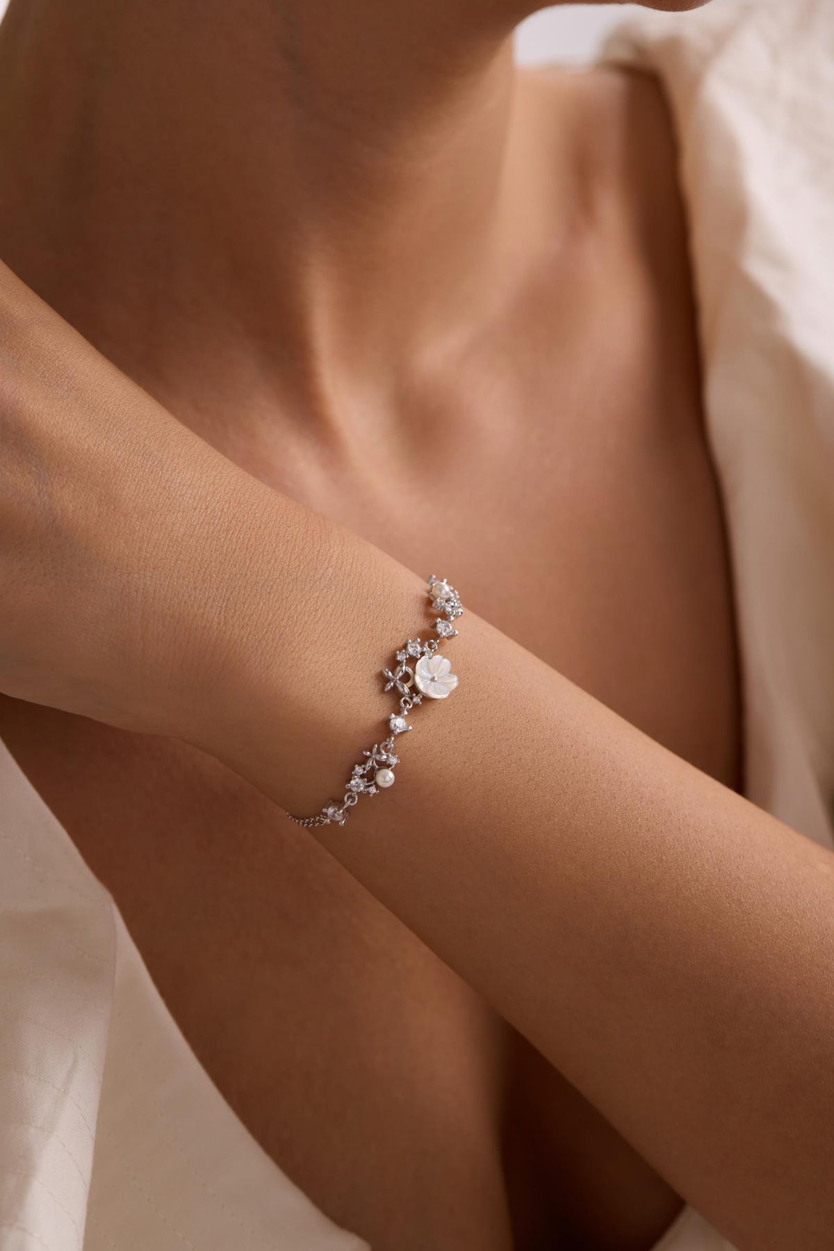 Magnolia Flower Bracelet | 925 Sterling Silver Rhodium | Pearl Butterfly Floral | Gift