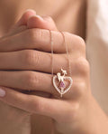 Mother Baby Necklace, Rose Gold Sterling Silver Pink Heart Mom Pendant