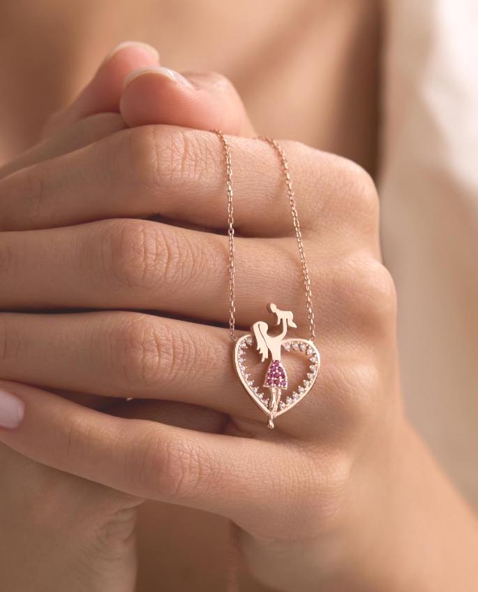 Mother Baby Necklace, Rose Gold Sterling Silver Pink Heart Mom Pendant