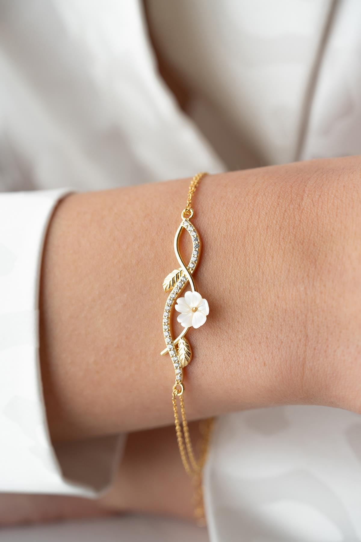 Magnolia Flower Bracelet | 925 Sterling Silver Gold Plated Zircon Dainty Jewelry