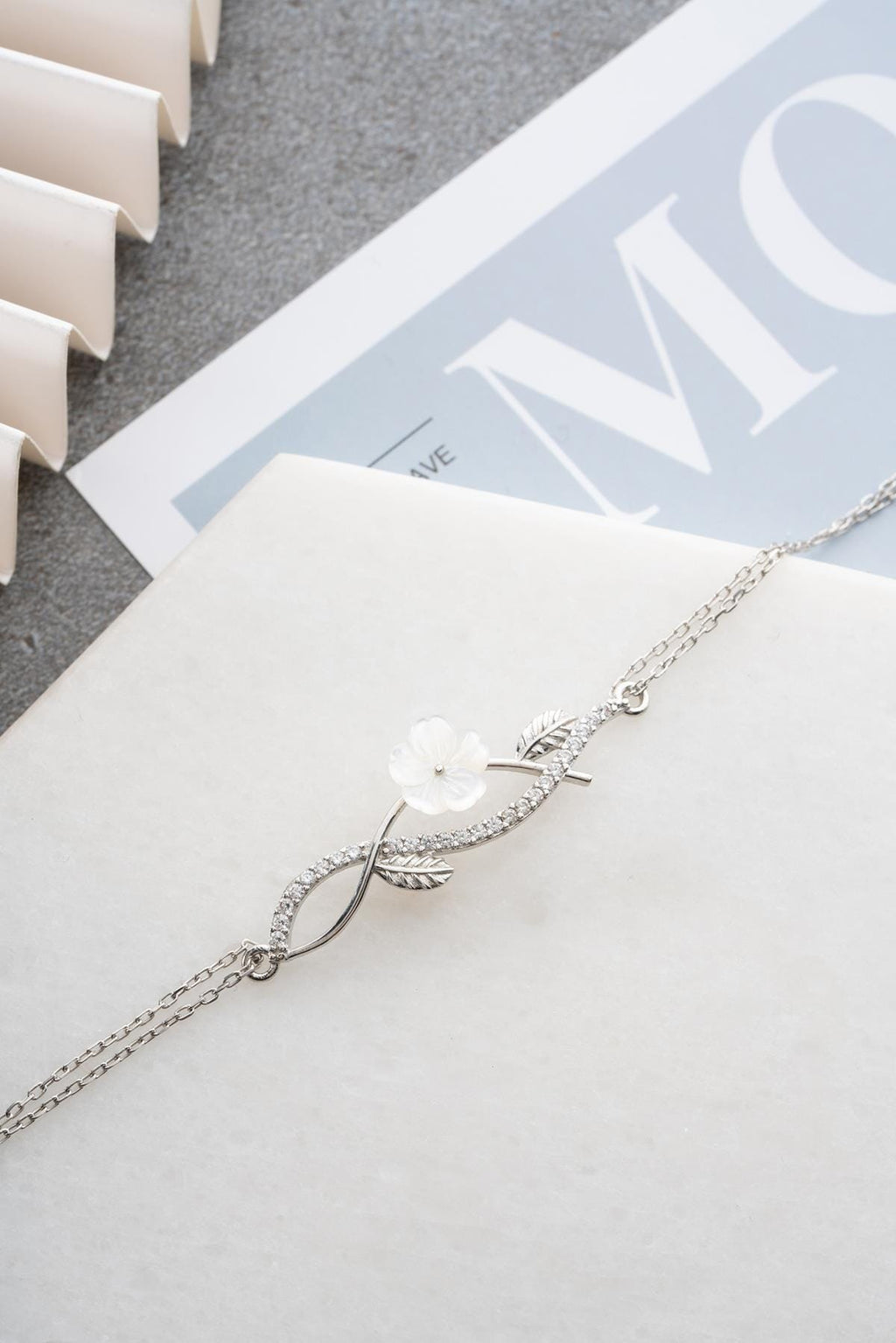 Magnolia Flower Bracelet | 925 Sterling Silver Rhodium Zircon Dainty Jewelry