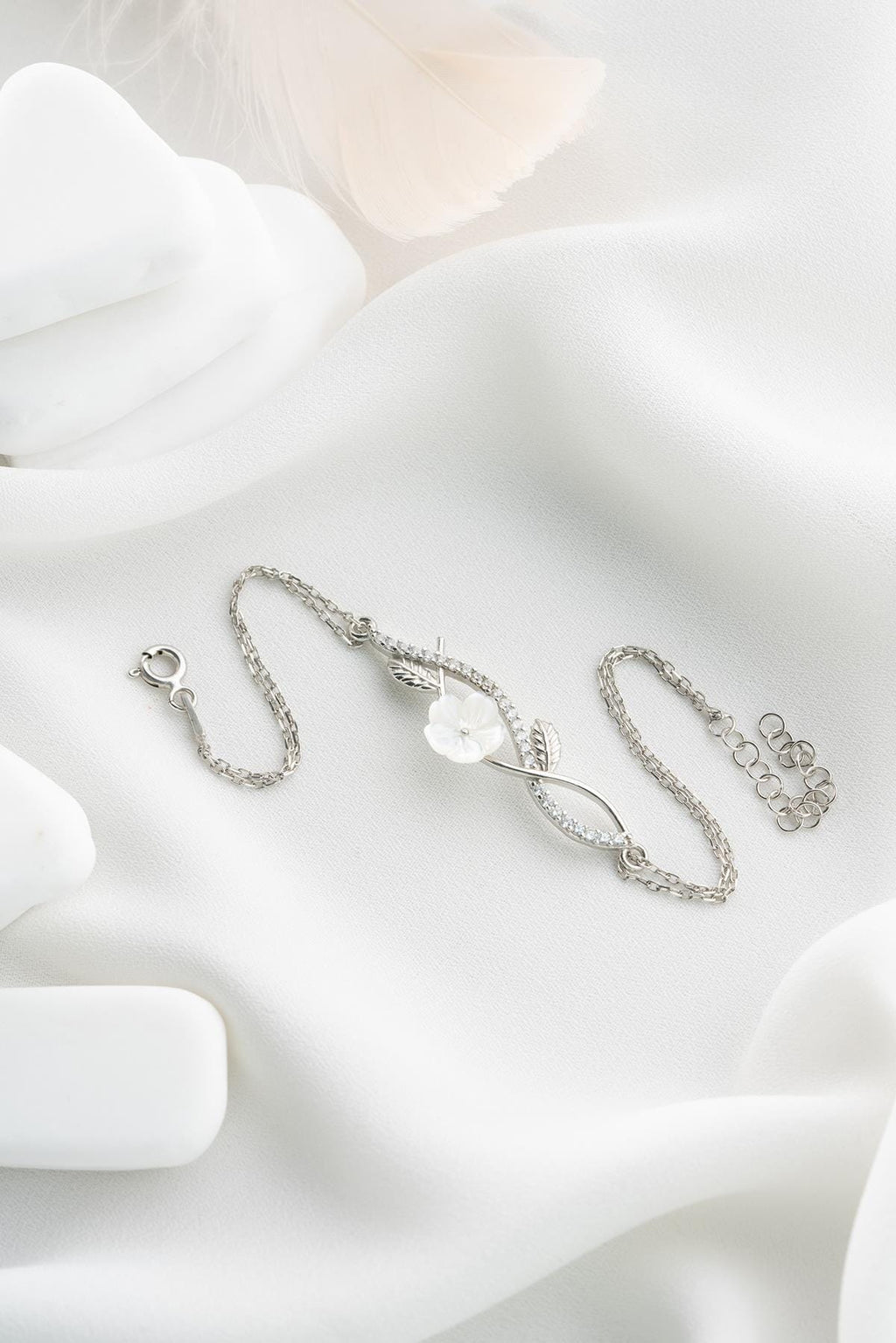 Magnolia Flower Bracelet | 925 Sterling Silver Rhodium Zircon Dainty Jewelry