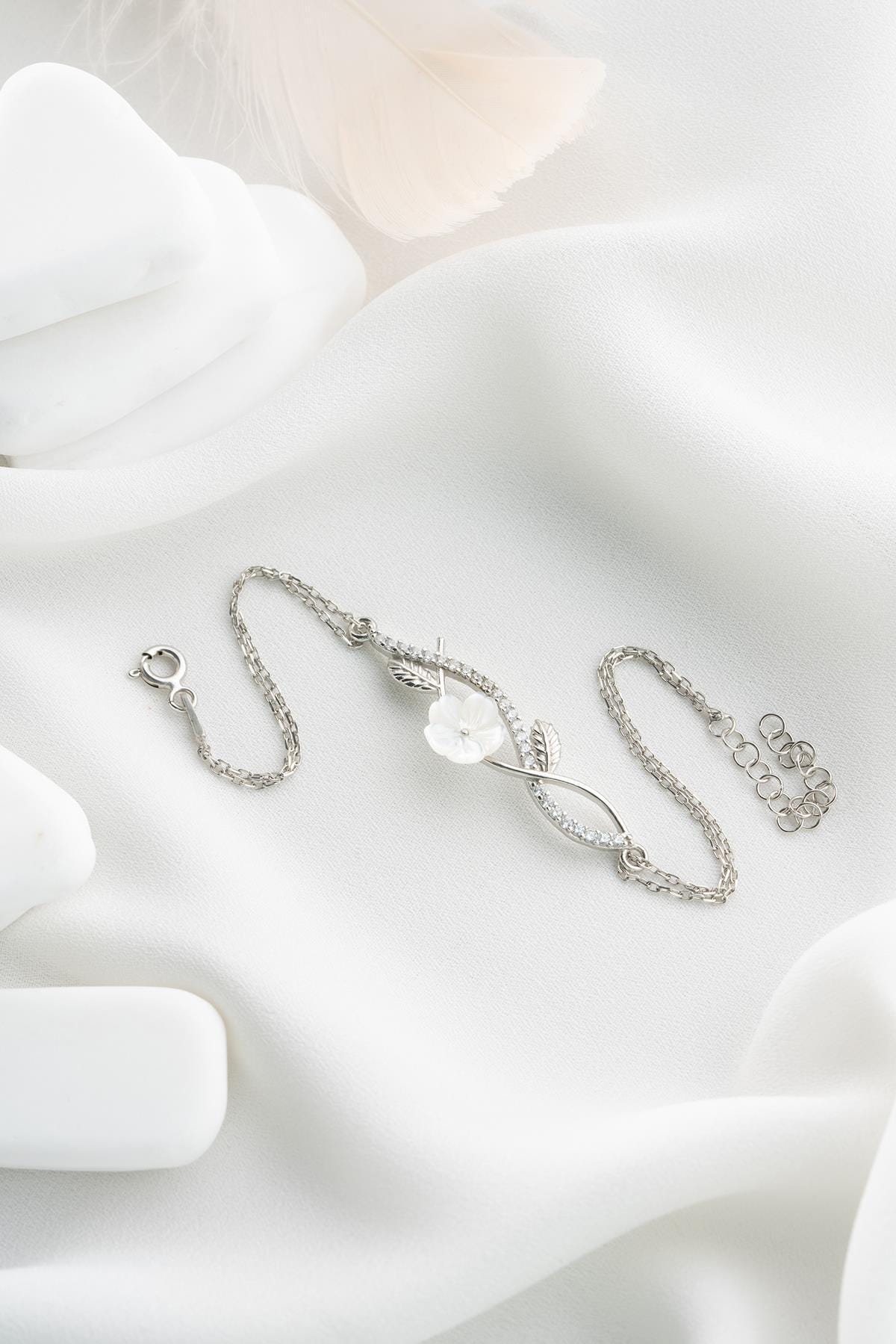 Magnolia Flower Bracelet | 925 Sterling Silver Rhodium Zircon Dainty Jewelry