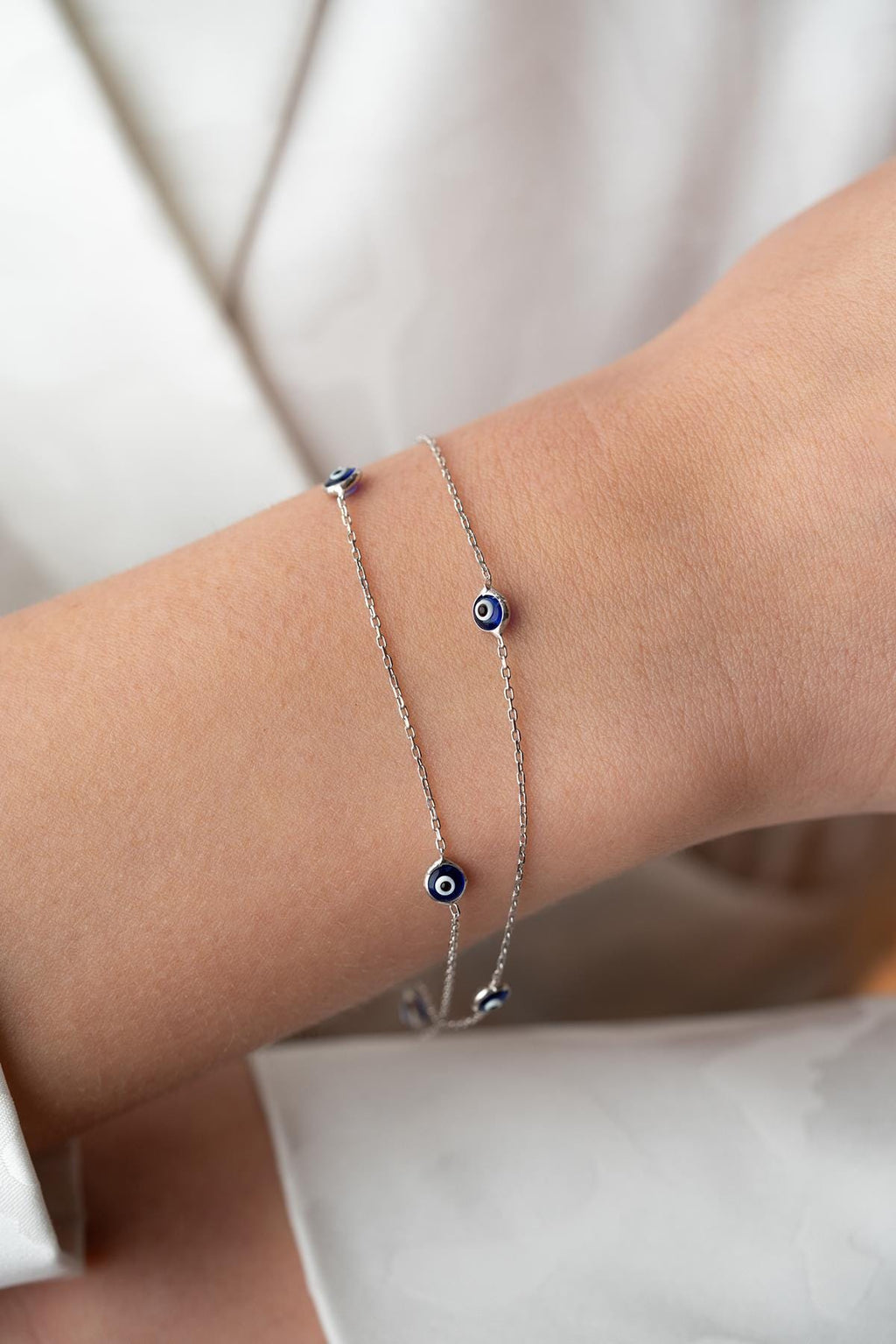 Double Chain Evil Eye Bracelet | 925 Sterling Silver Blue Enamel Jewelry