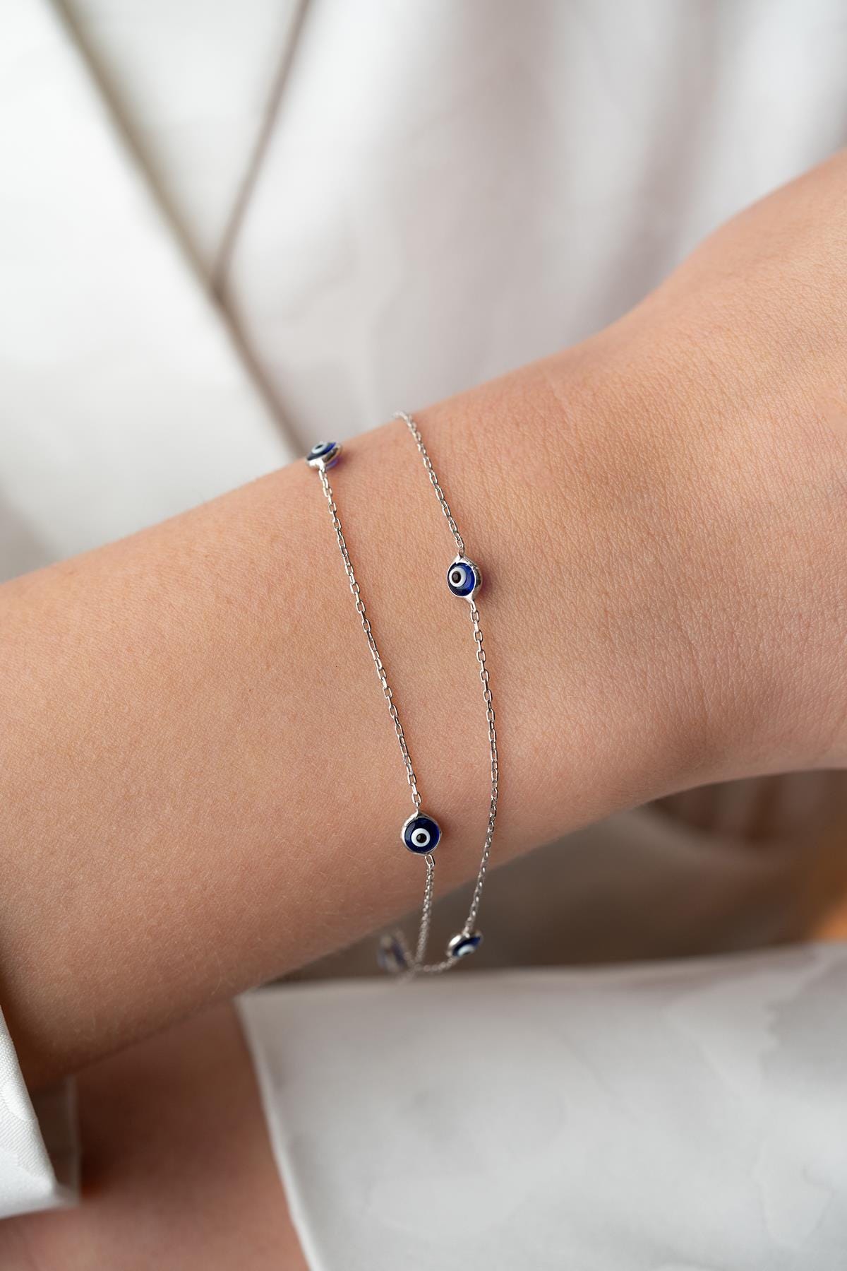 Double Chain Evil Eye Bracelet | 925 Sterling Silver Blue Enamel Jewelry