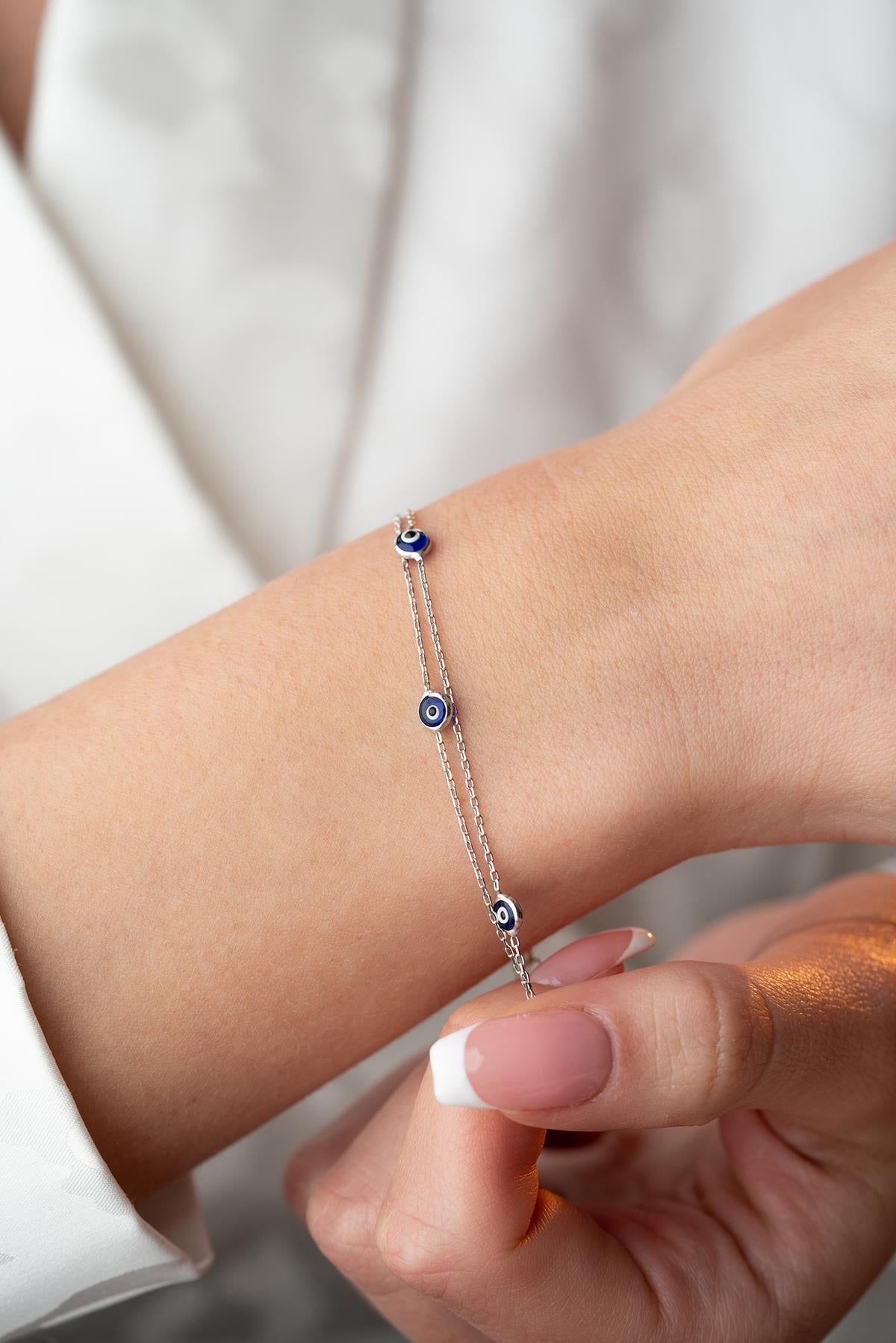 Double Chain Evil Eye Bracelet | 925 Sterling Silver Blue Enamel Jewelry