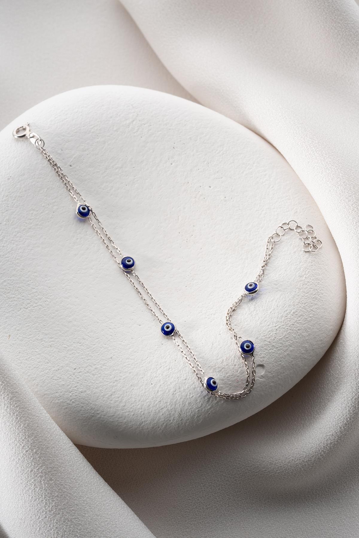 Double Chain Evil Eye Bracelet | 925 Sterling Silver Blue Enamel Jewelry
