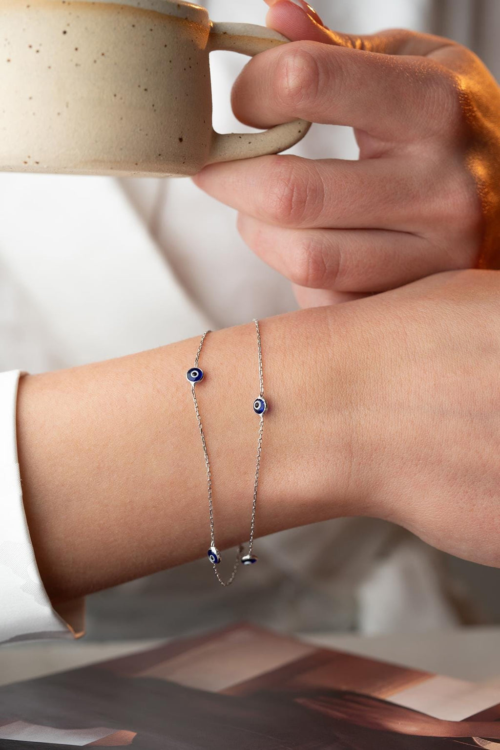 Double Chain Evil Eye Bracelet | 925 Sterling Silver Blue Enamel Jewelry
