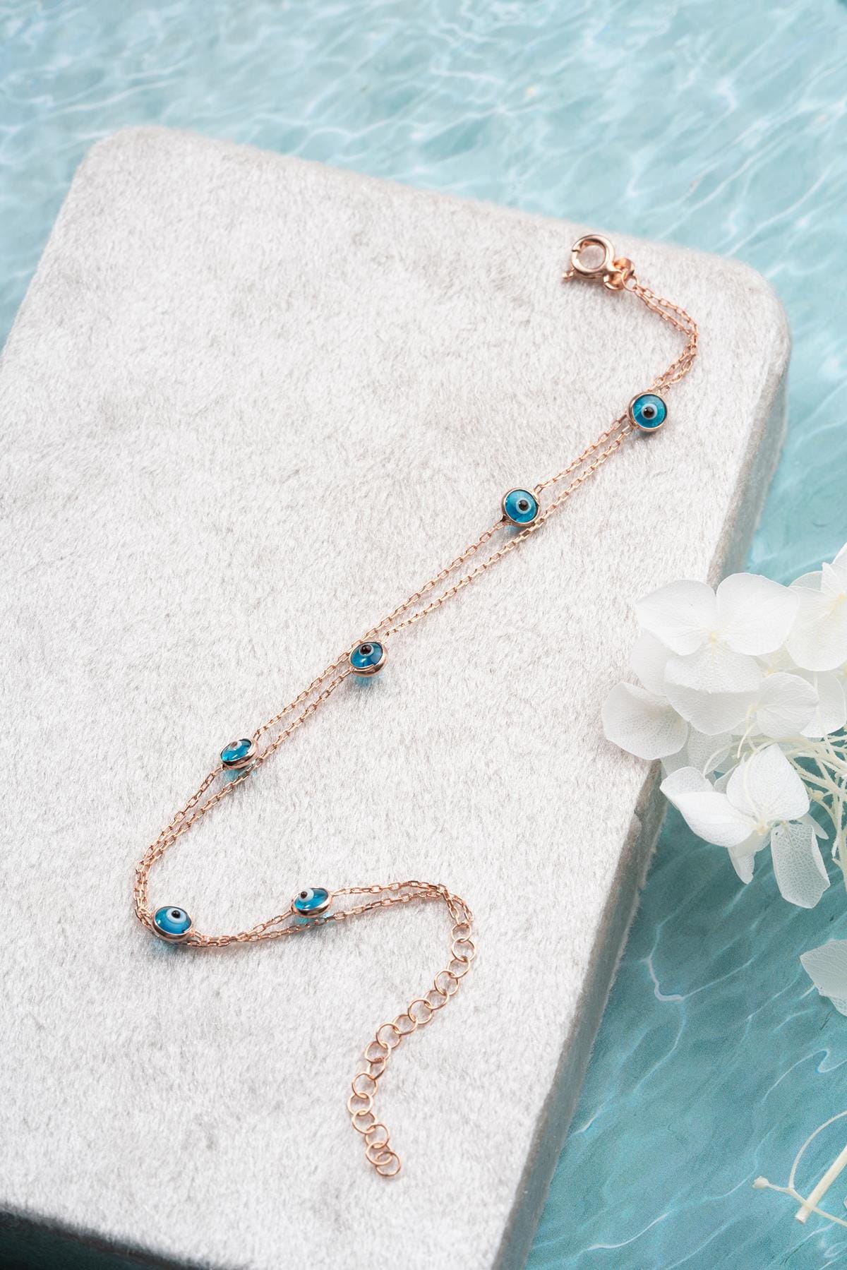 Rose Gold Double Chain Evil Eye Bracelet | 925 Sterling Silver