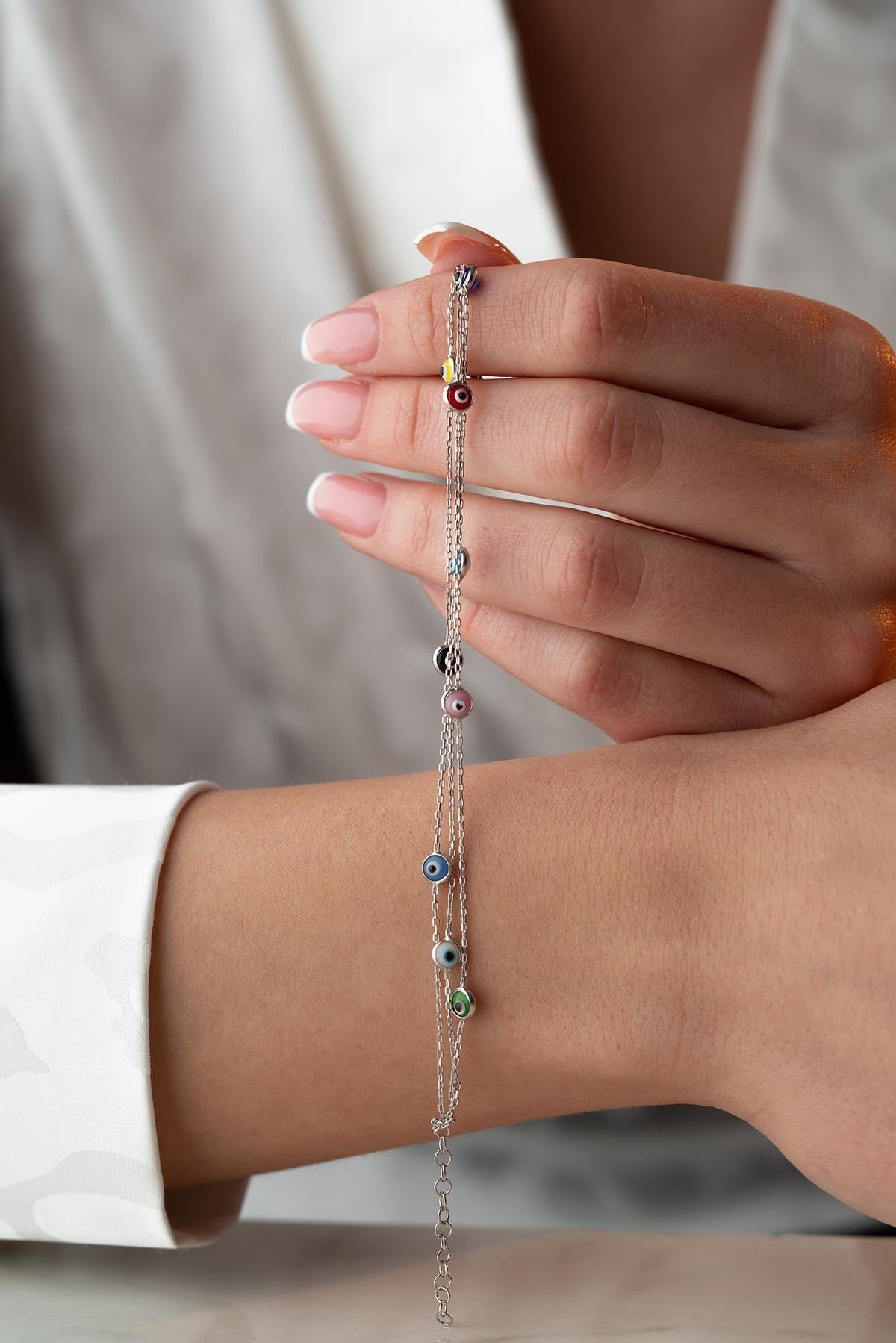Triple Chain Evil Eye Bracelet | 925 Sterling Silver Colorful Layered Jewelry