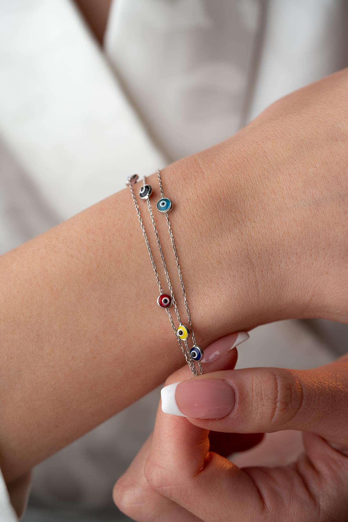 Triple Chain Evil Eye Bracelet | 925 Sterling Silver Colorful Layered Jewelry