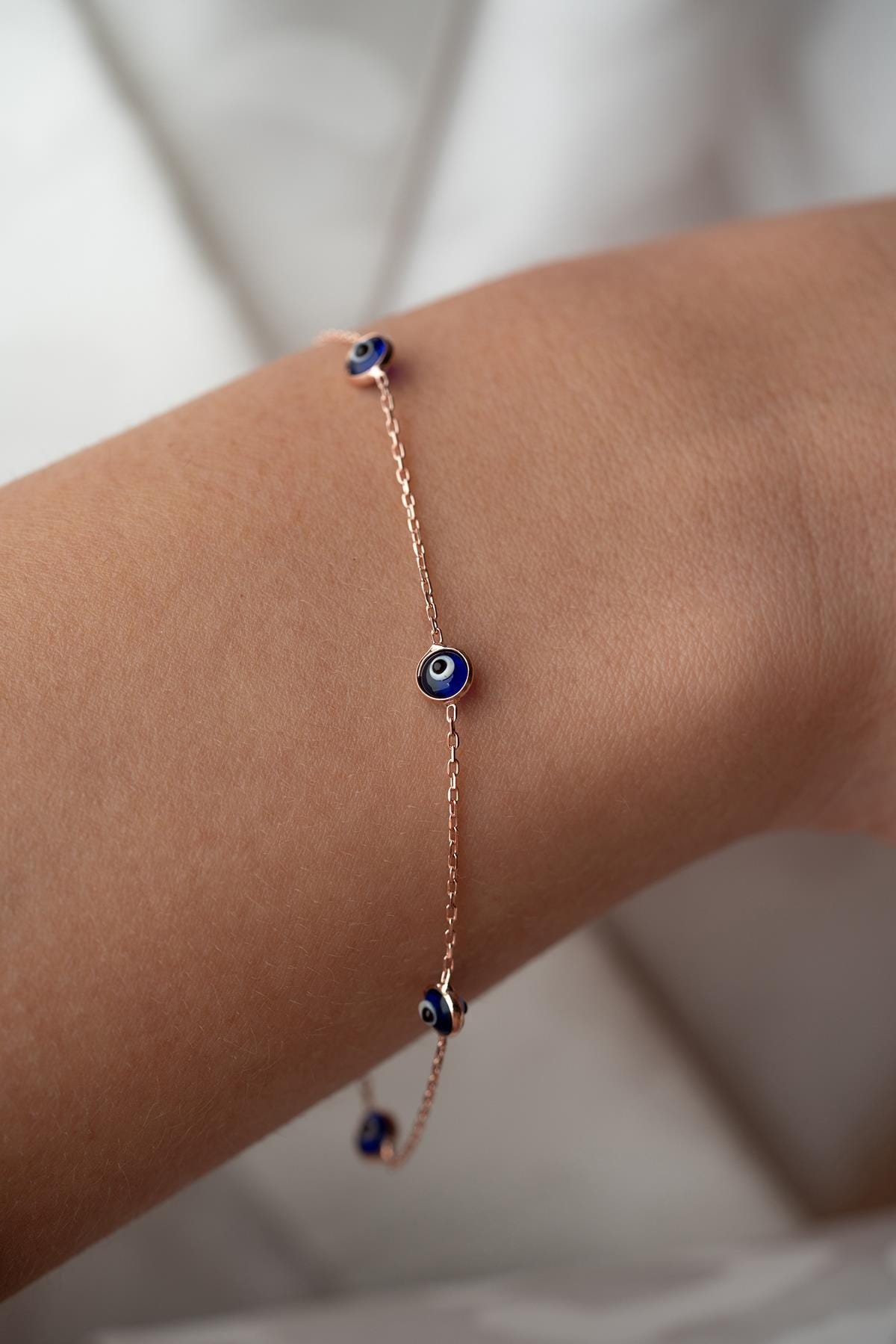 Rose Gold Evil Eye Bracelet | 925 Sterling Silver Navy Blue Jewelry