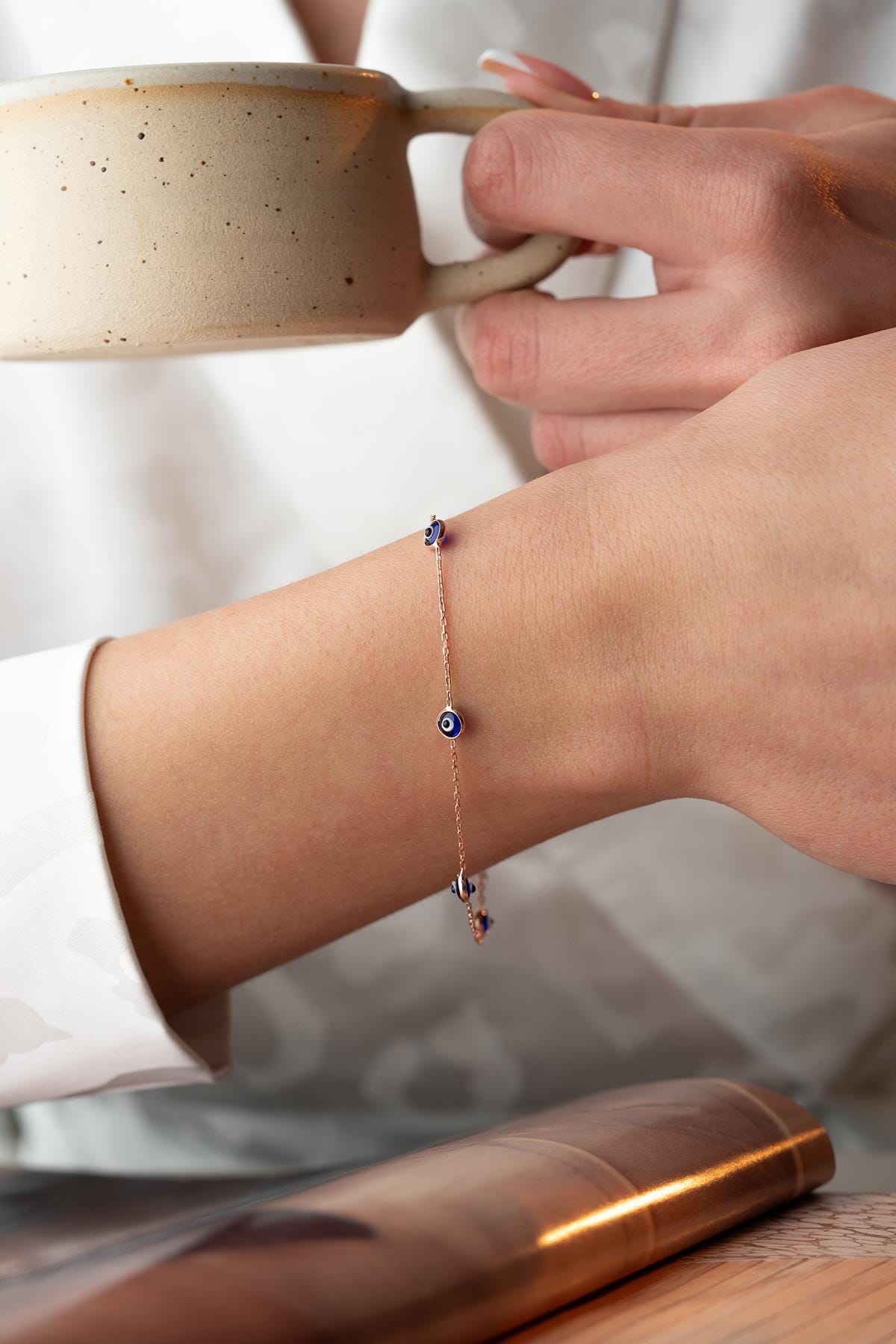 Rose Gold Evil Eye Bracelet | 925 Sterling Silver Navy Blue Jewelry
