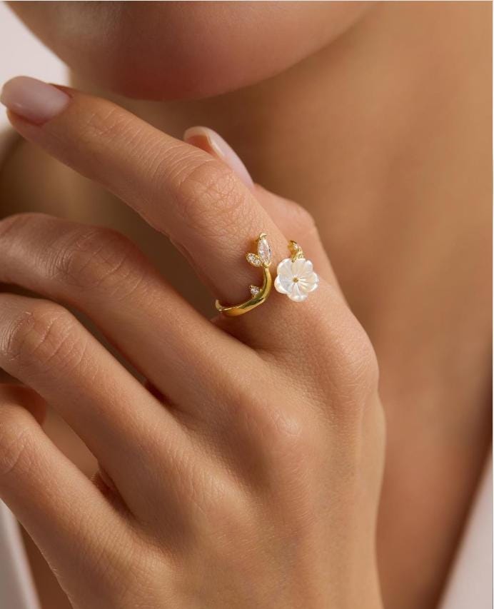 Adjustable Magnolia Flower Ring | 925 Sterling Silver Gold Plated
