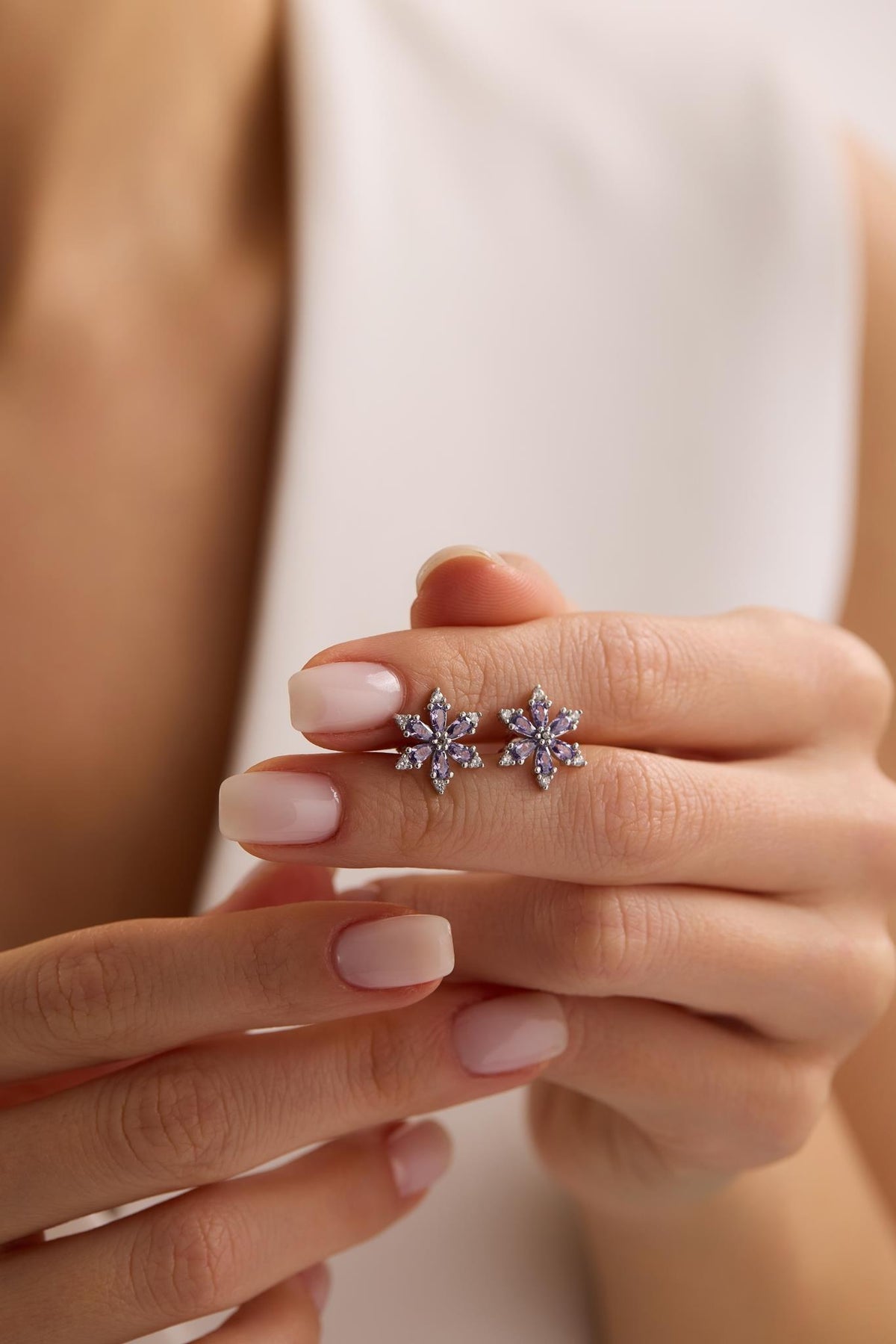 Purple Flower Stud Earrings | 925 Sterling Silver Rhodium Zircon