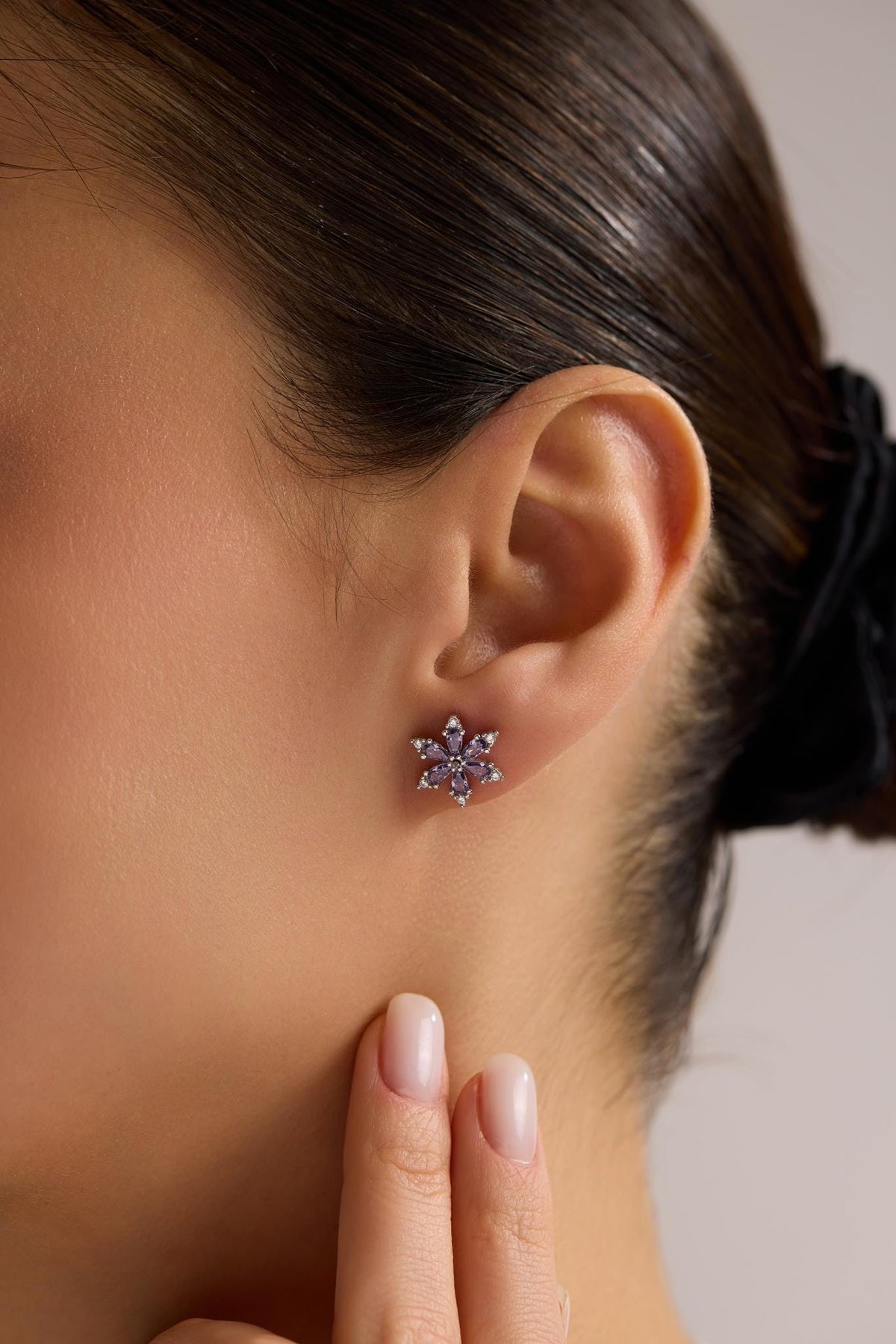 Purple Flower Stud Earrings | 925 Sterling Silver Rhodium Zircon
