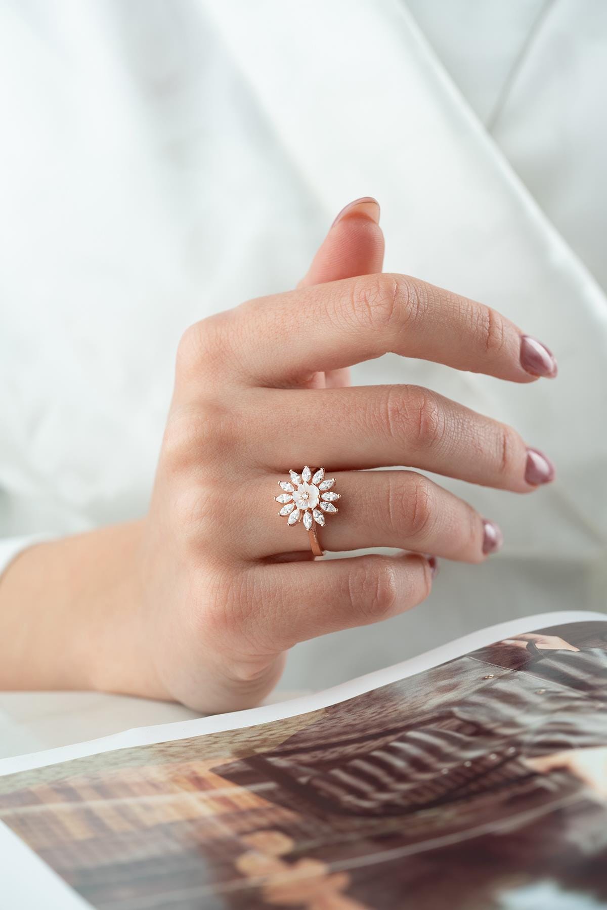 Adjustable Magnolia Flower Ring | Marquise Zircon Floral Ring