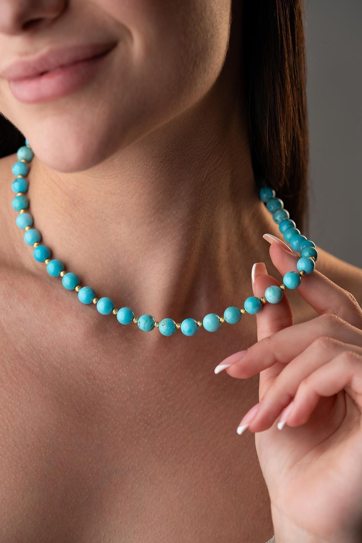 Natural Turquoise Necklace 8mm | Gold Plated 925 Silver Beaded Statement Jewelry