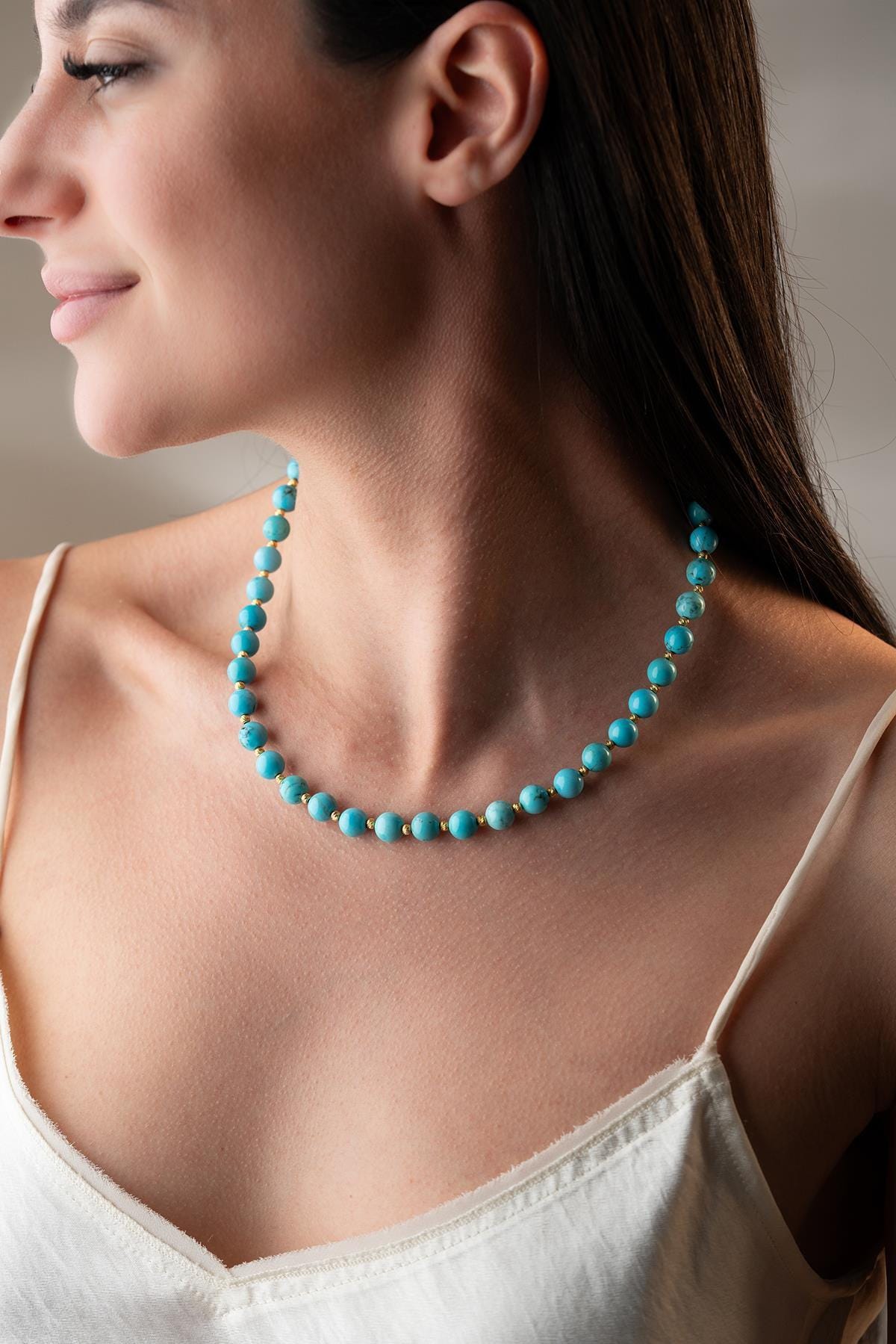 Natural Turquoise Necklace 8mm | Gold Plated 925 Silver Beaded Statement Jewelry