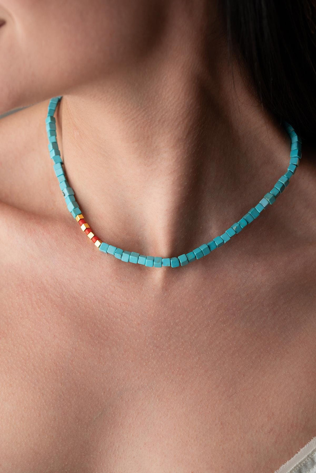 Turquoise Coral Necklace | 925 Silver Gold Cube Beaded Statement Jewelry
