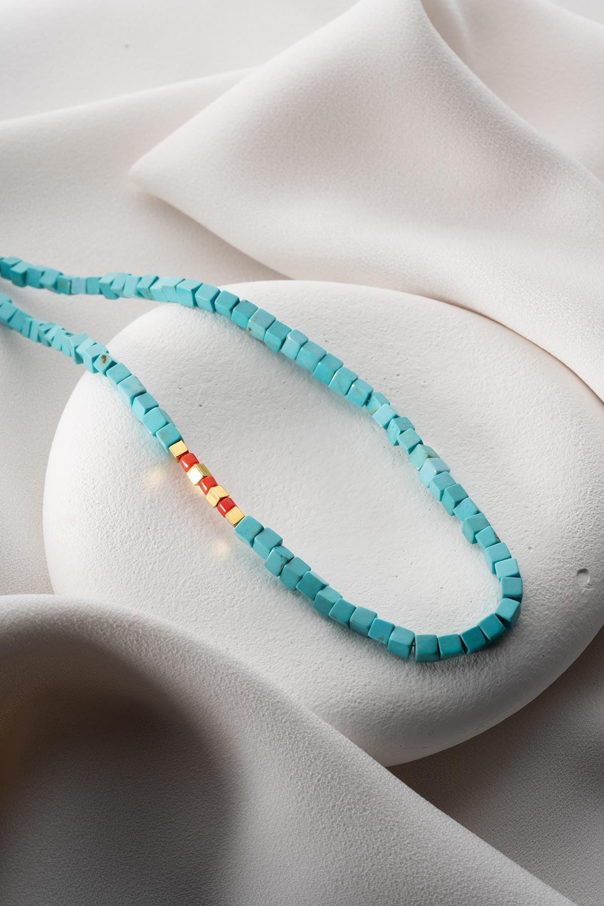 Turquoise Coral Necklace | 925 Silver Gold Cube Beaded Statement Jewelry