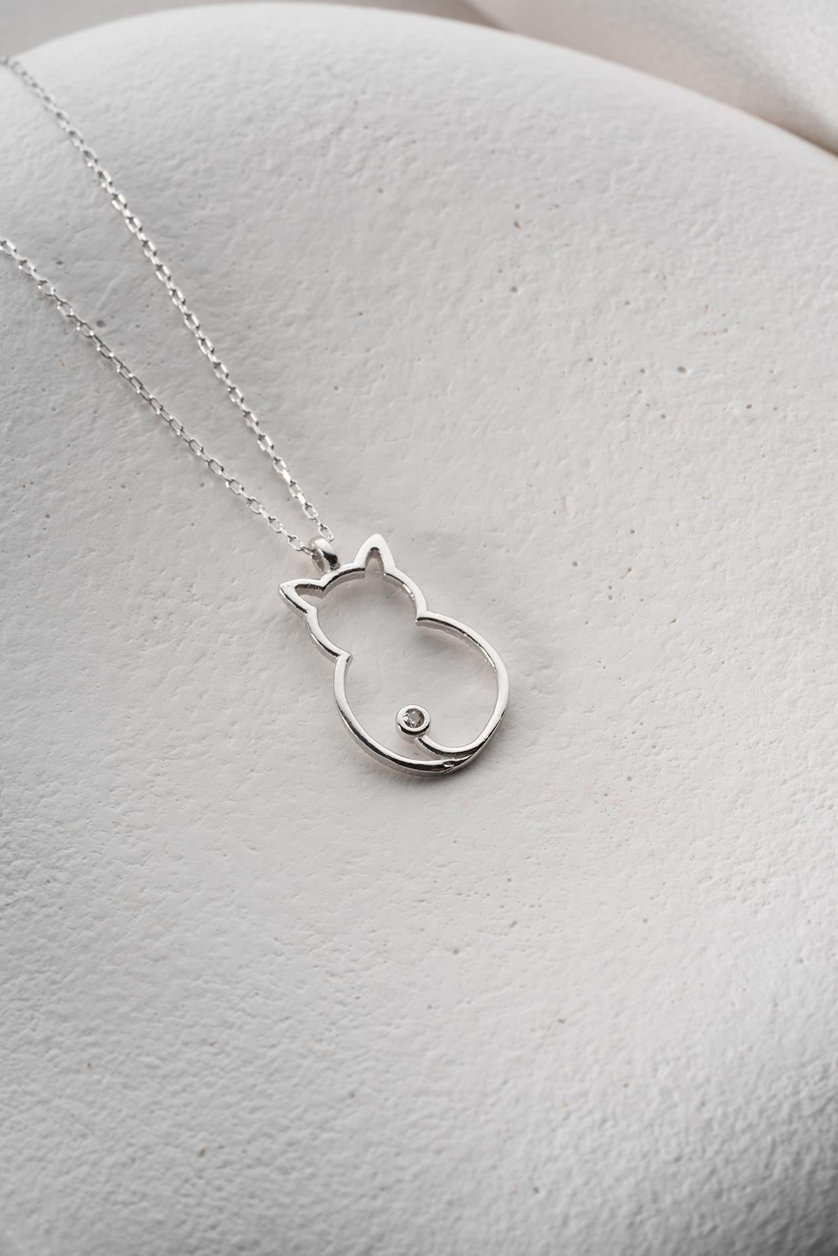 925 Sterling Silver Cat Necklace | Minimal Zircon Pendant Gift for Women