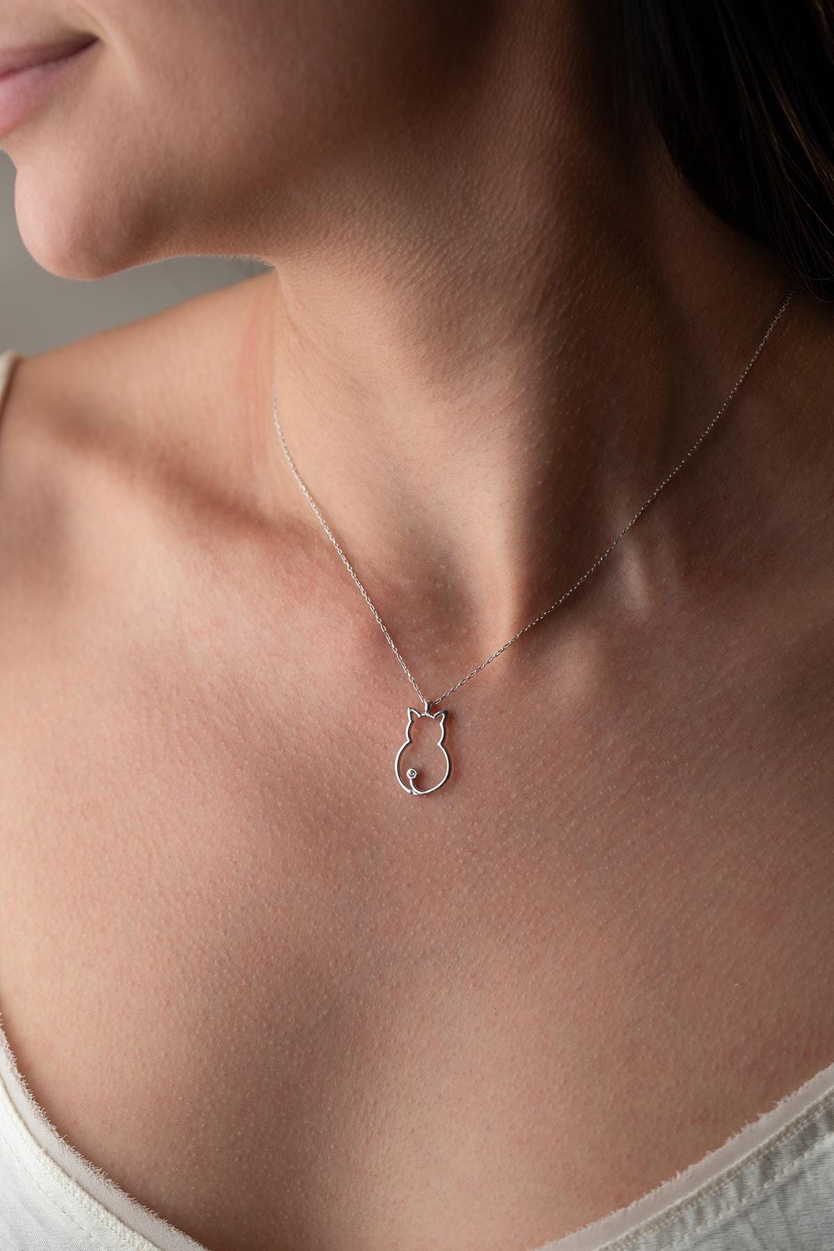 925 Sterling Silver Cat Necklace | Minimal Zircon Pendant Gift for Women
