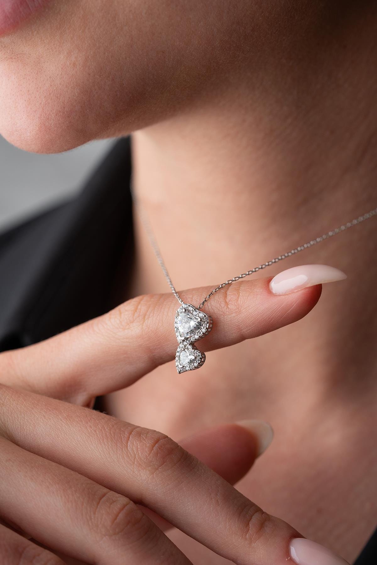 Double Heart Necklace 925 Sterling Silver | Zircon Romantic Gift for Her