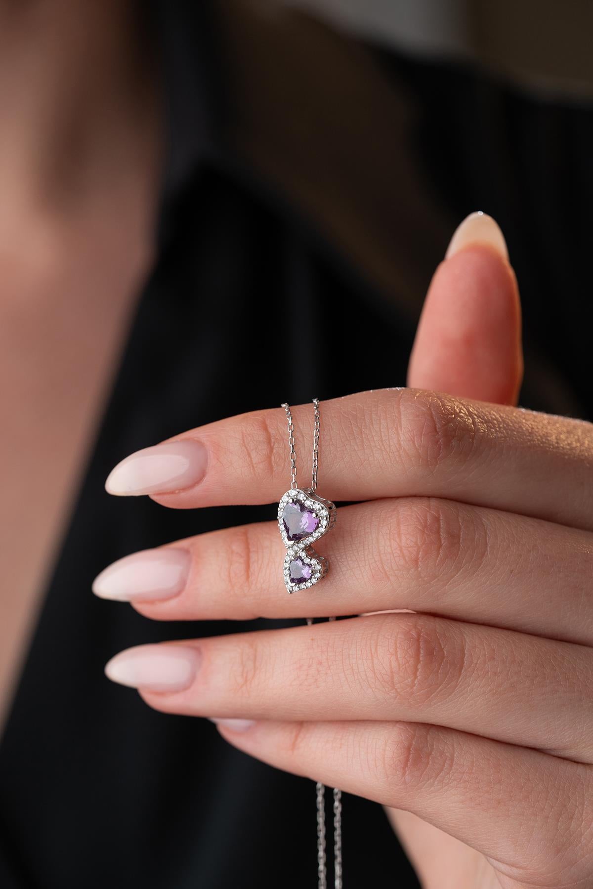 Purple Double Heart Necklace 925 Sterling Silver Romantic Gift for Her