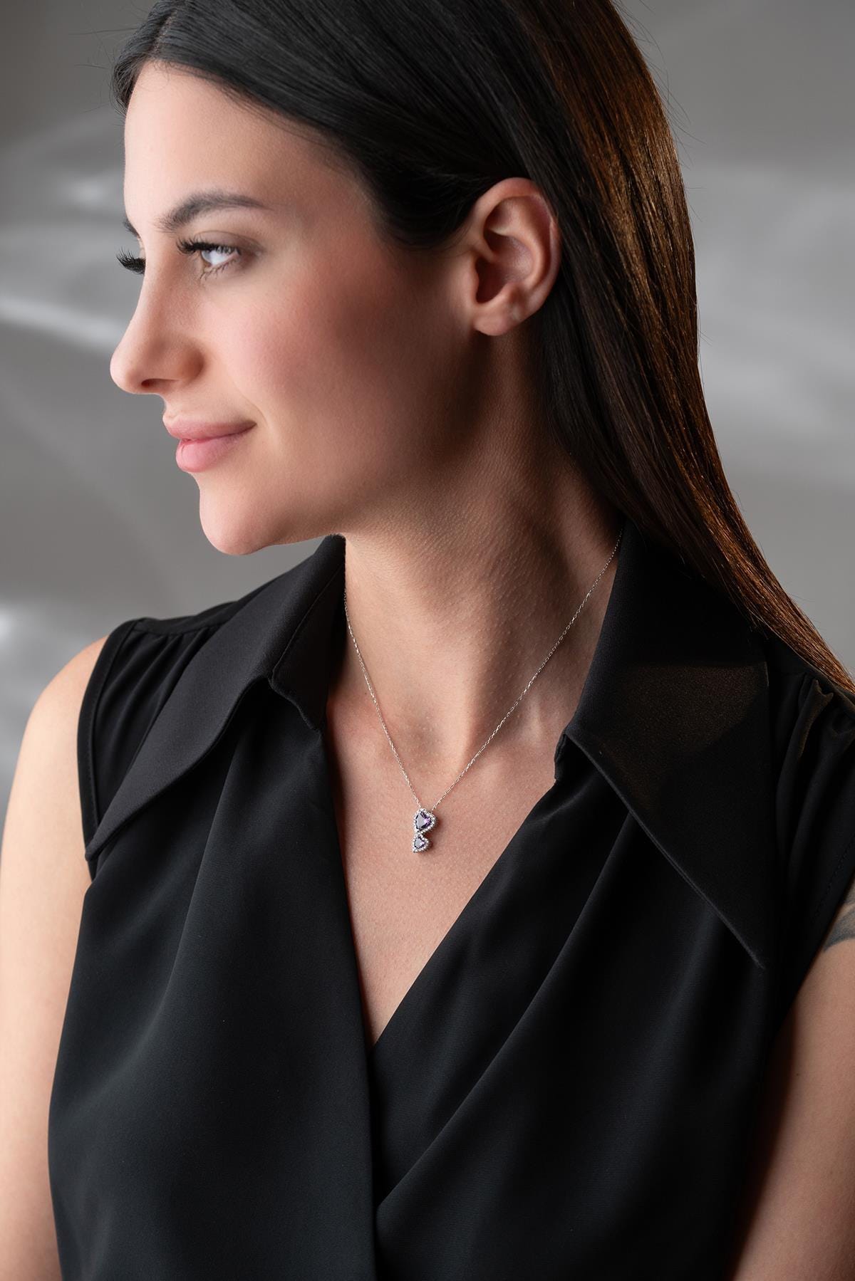 Purple Double Heart Necklace 925 Sterling Silver Romantic Gift for Her