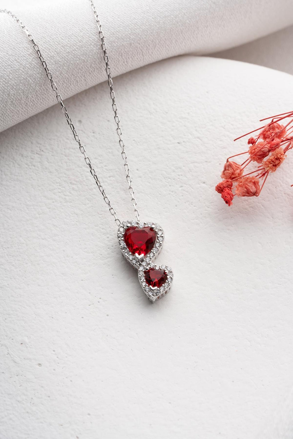 Red Double Heart Necklace 925 Sterling Silver Romantic Gift for Her