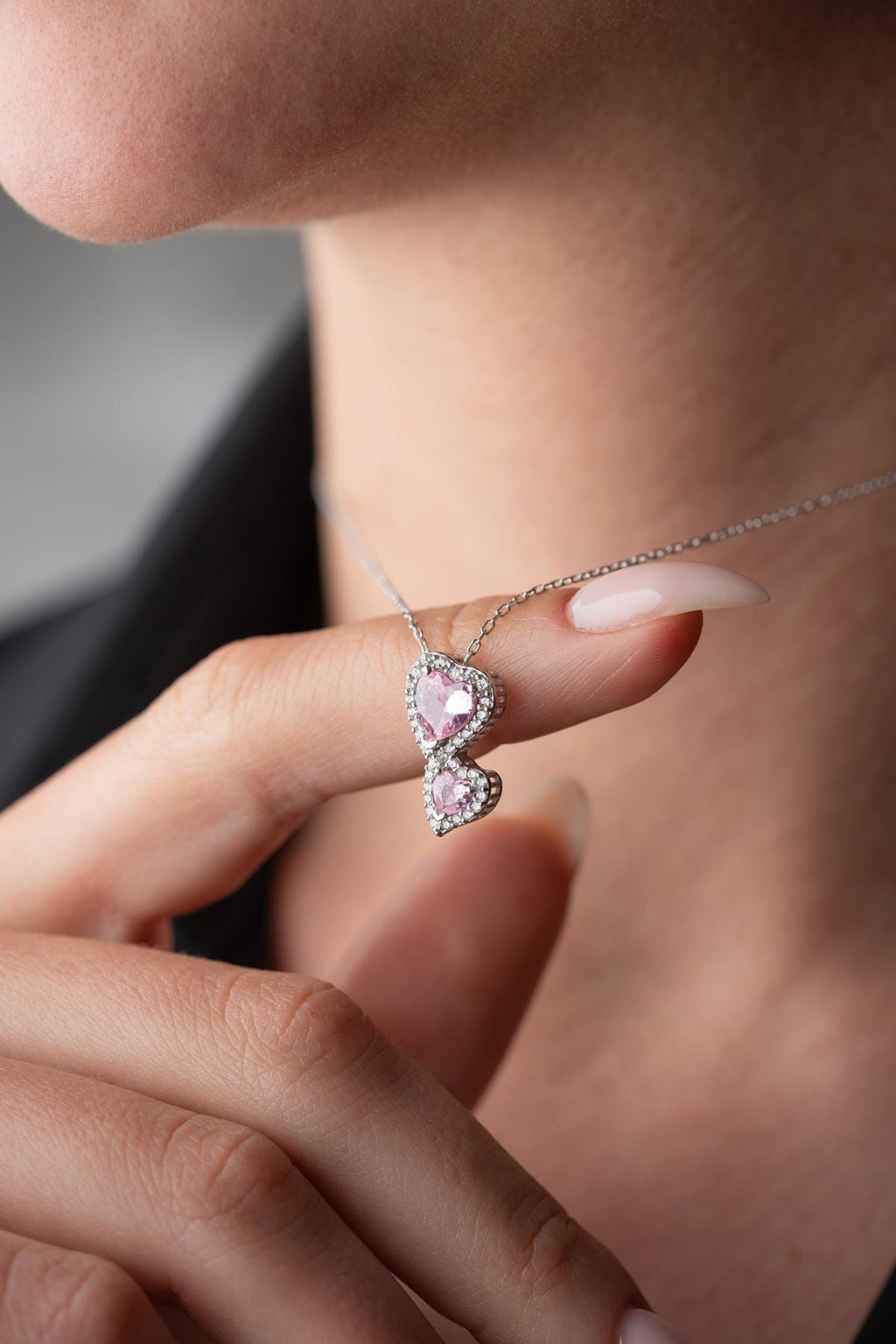 Pink Double Heart Necklace 925 Sterling Silver Romantic Gift for Her