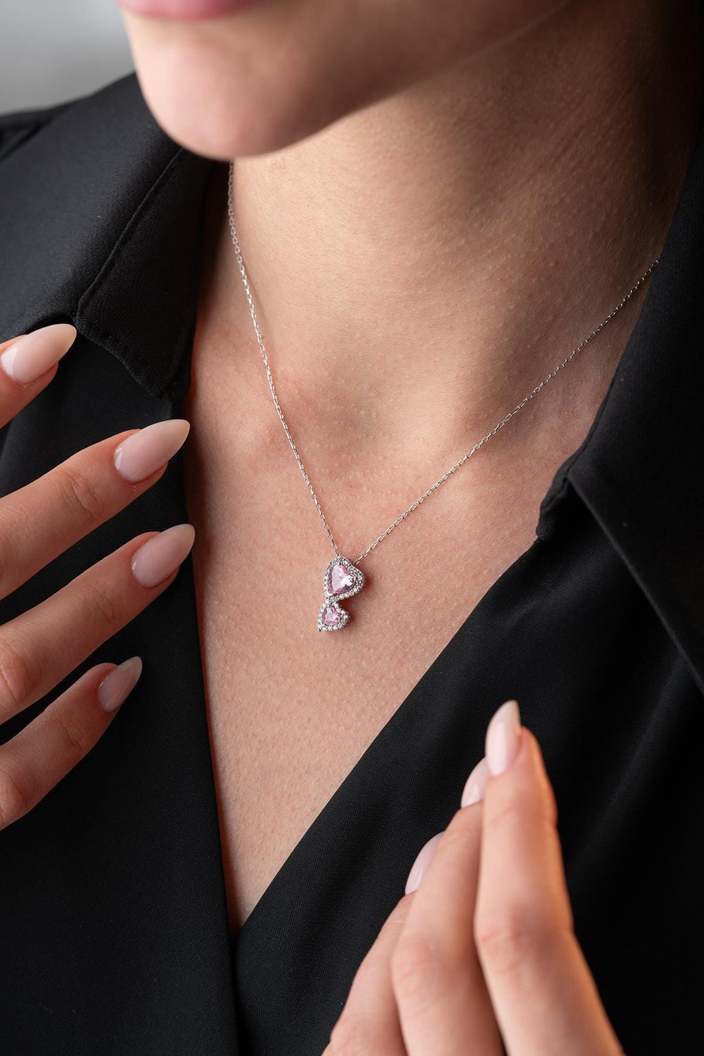 Pink Double Heart Necklace 925 Sterling Silver Romantic Gift for Her