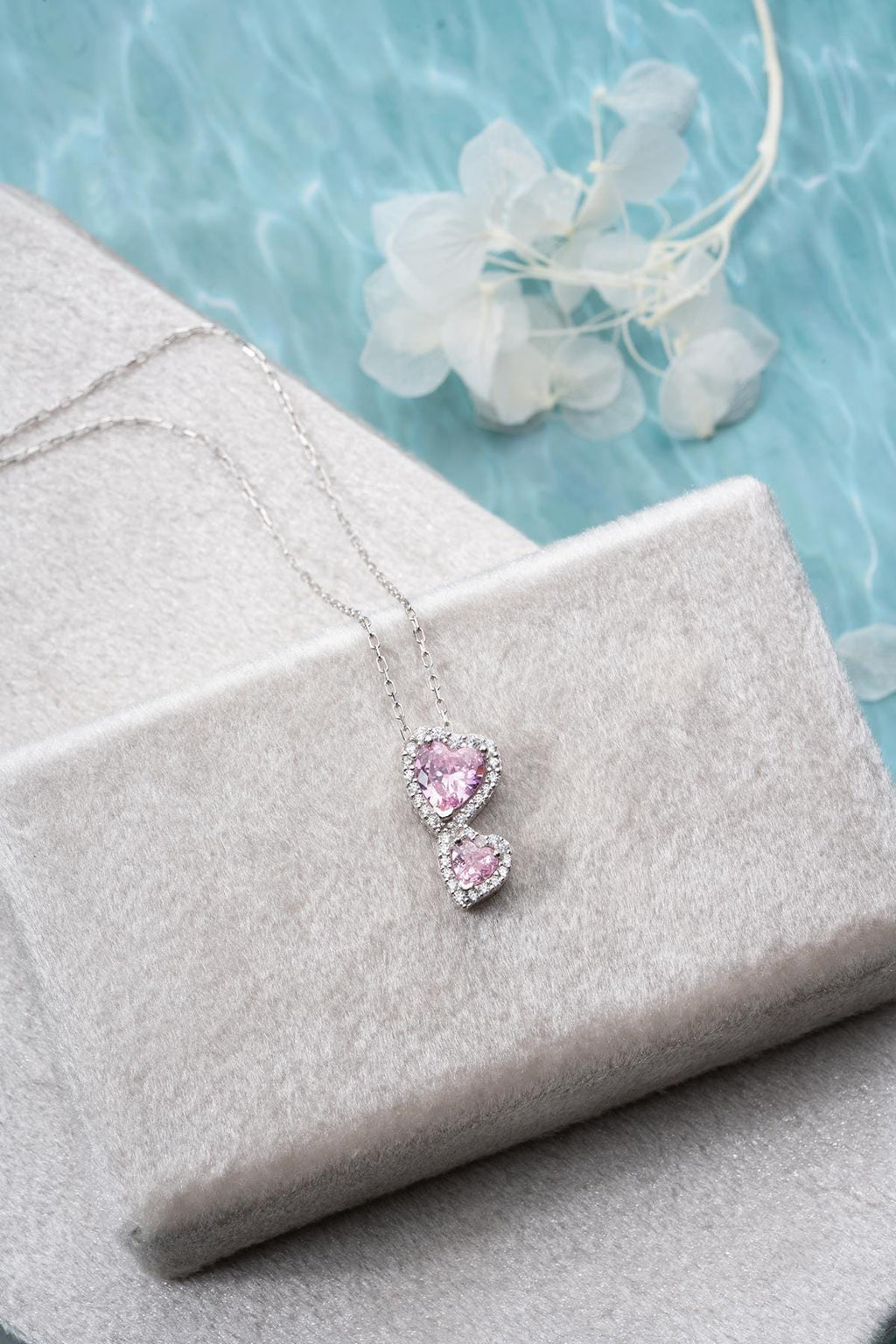 Pink Double Heart Necklace 925 Sterling Silver Romantic Gift for Her
