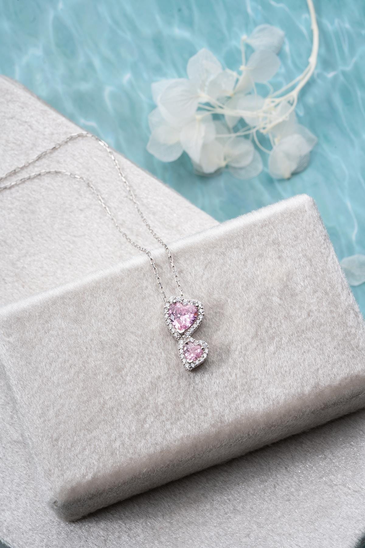 Pink Double Heart Necklace 925 Sterling Silver Romantic Gift for Her