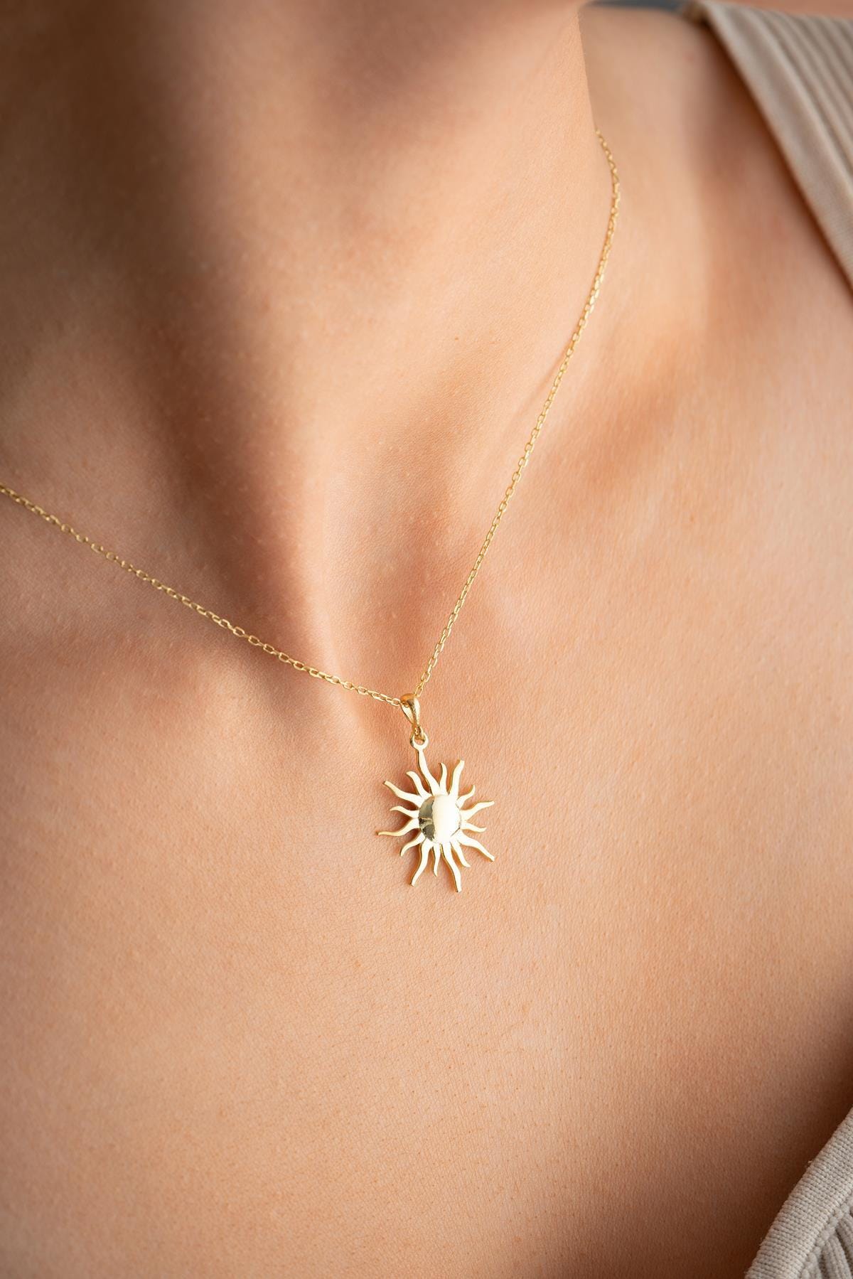 925 Sterling Silver 14K Gold Plated Sun Necklace | Minimal Celestial Pendant