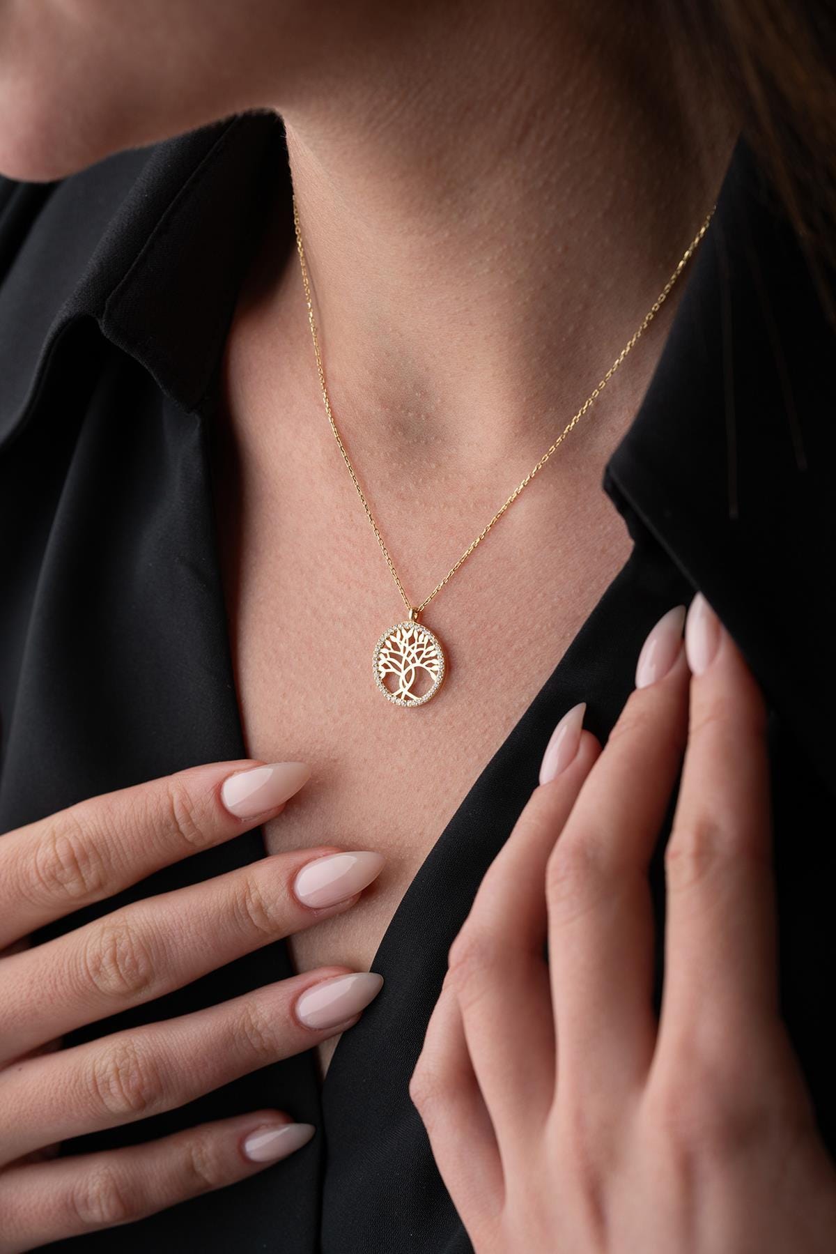 925 Sterling Silver 14K Gold Plated Tree of Life Necklace