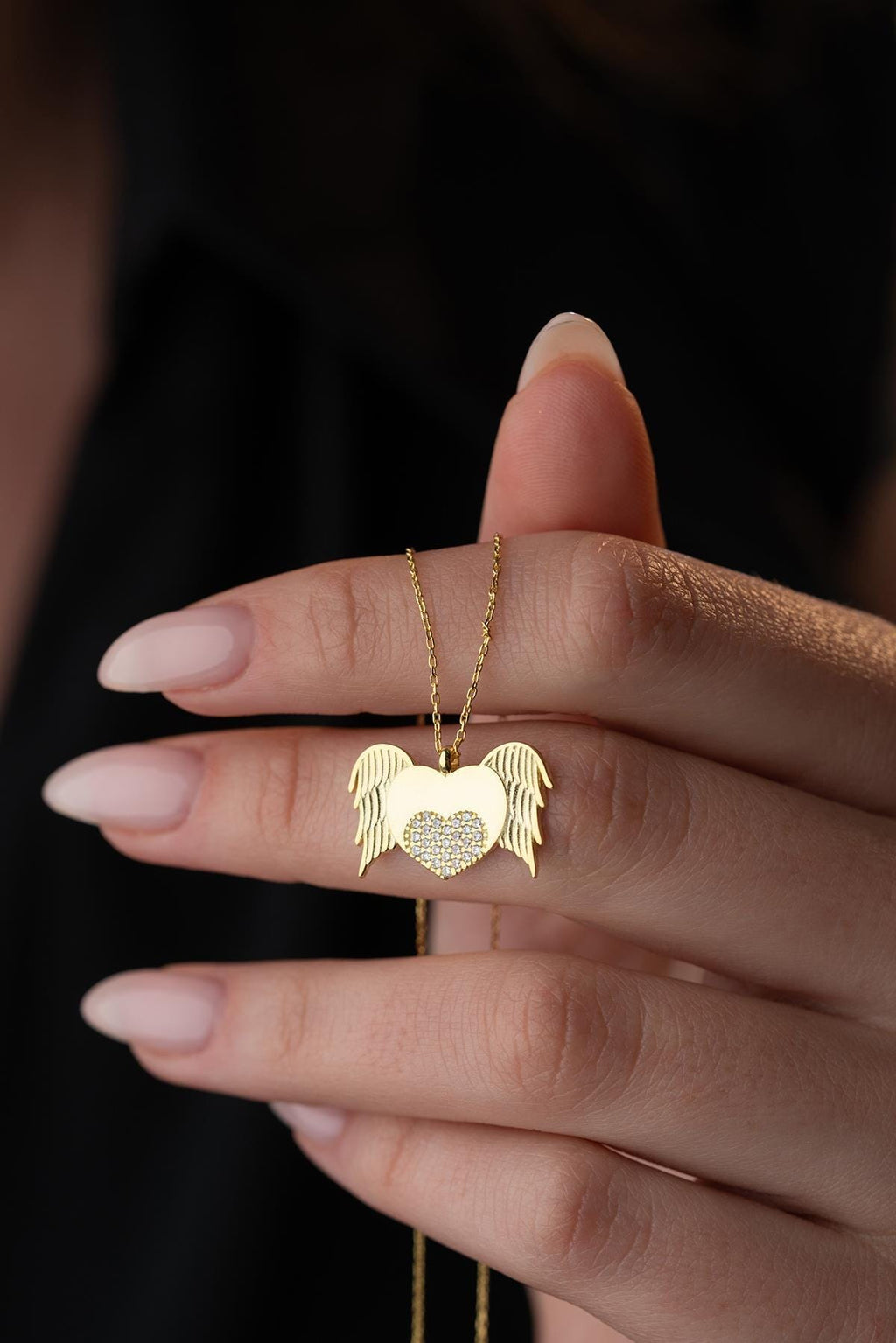 925 Sterling Silver 14K Gold Plated Flying Heart Necklace Zircon Stone