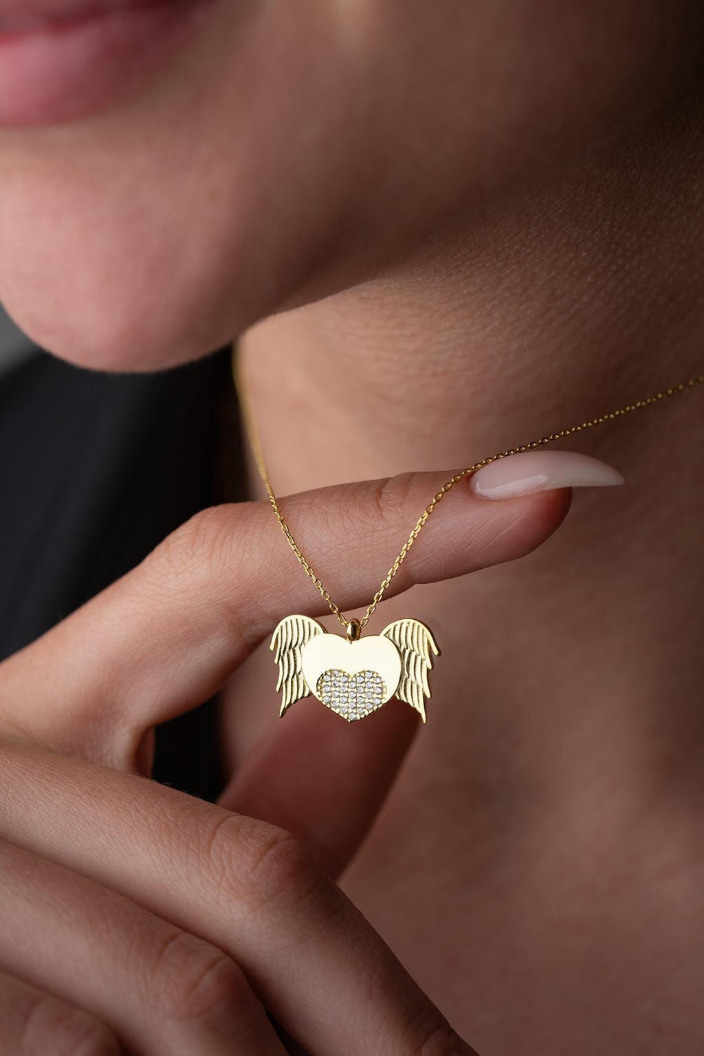 925 Sterling Silver 14K Gold Plated Flying Heart Necklace Zircon Stone