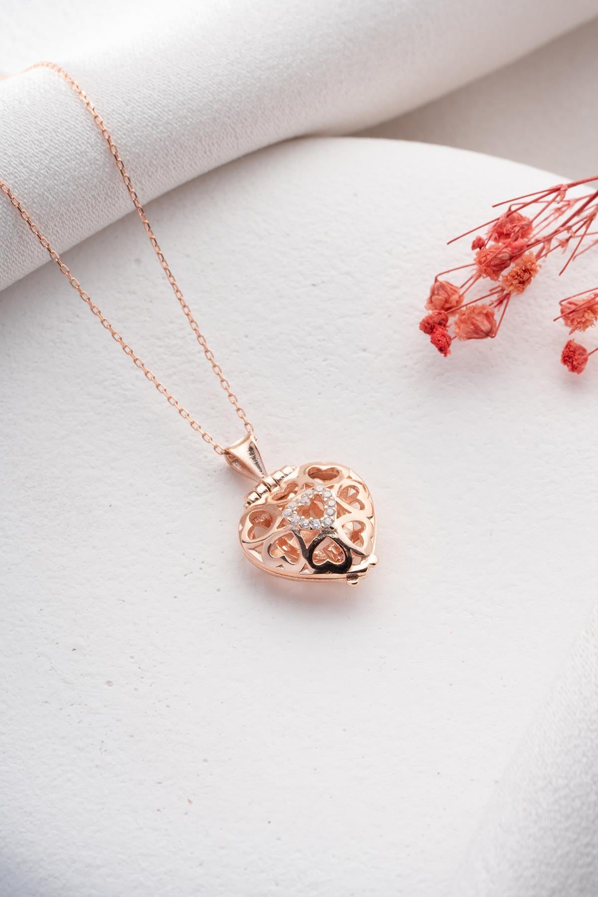925 Sterling Silver Rose Gold Heart Locket Necklace Ring Detail