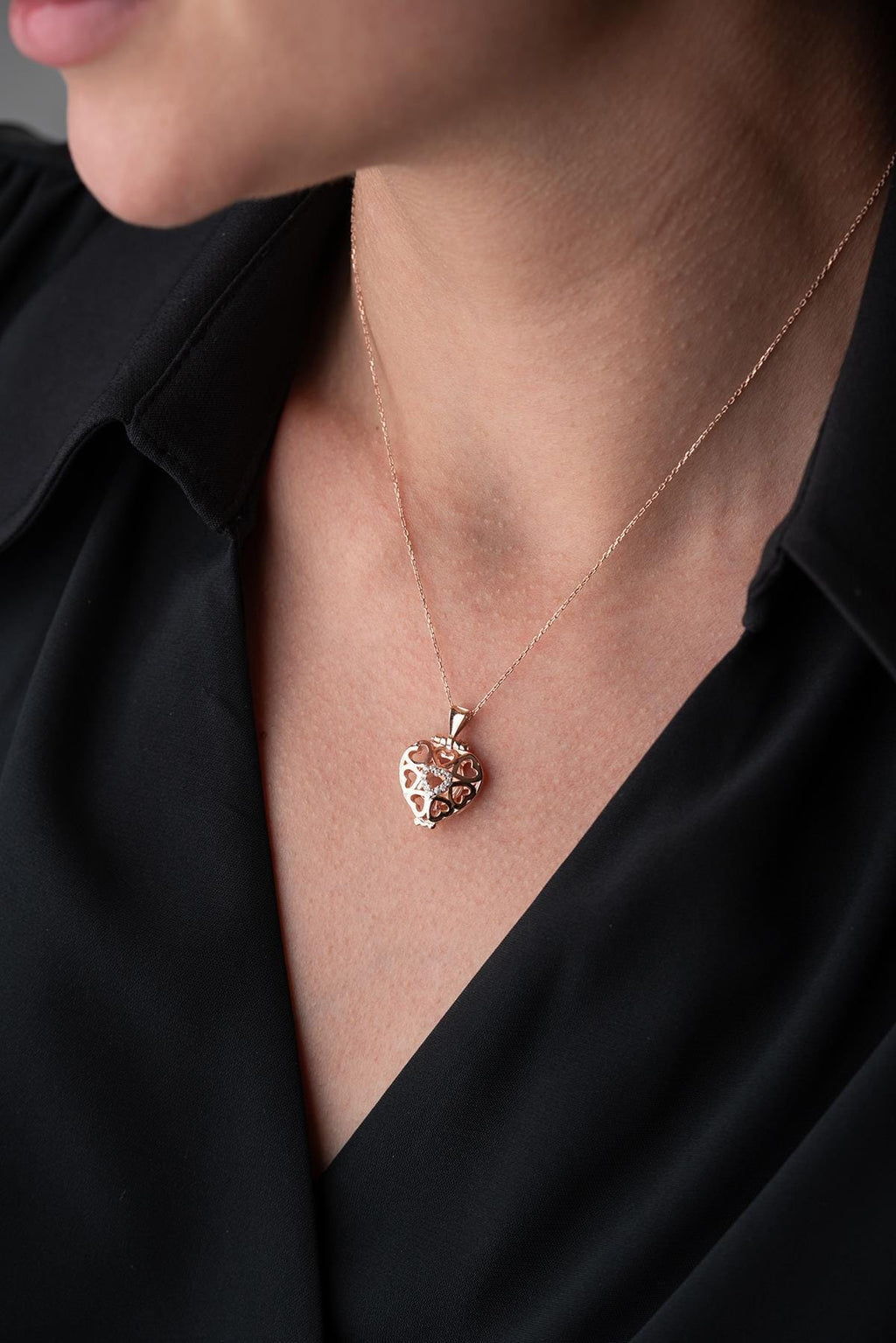 925 Sterling Silver Rose Gold Heart Locket Necklace Ring Detail