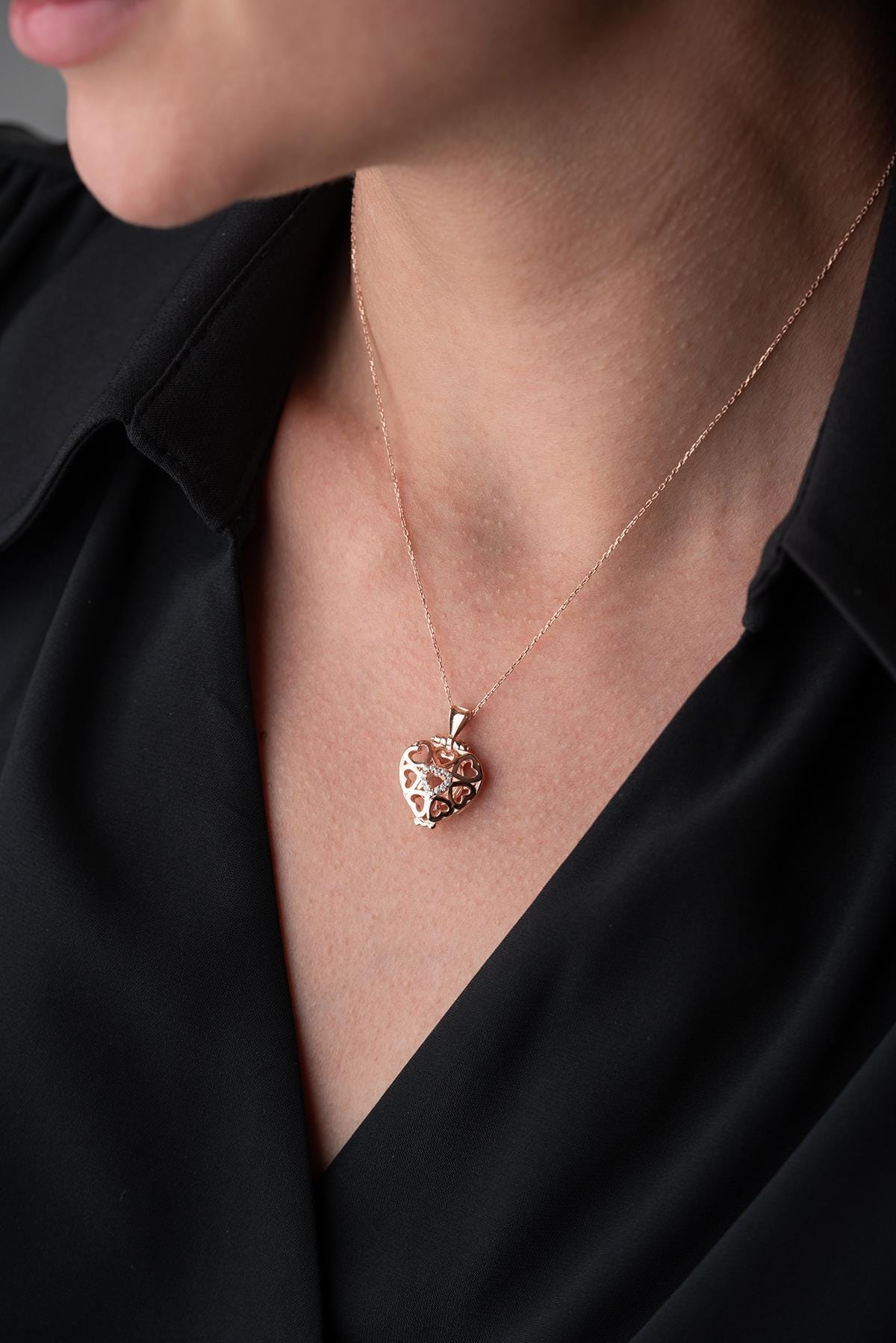 925 Sterling Silver Rose Gold Heart Locket Necklace Ring Detail