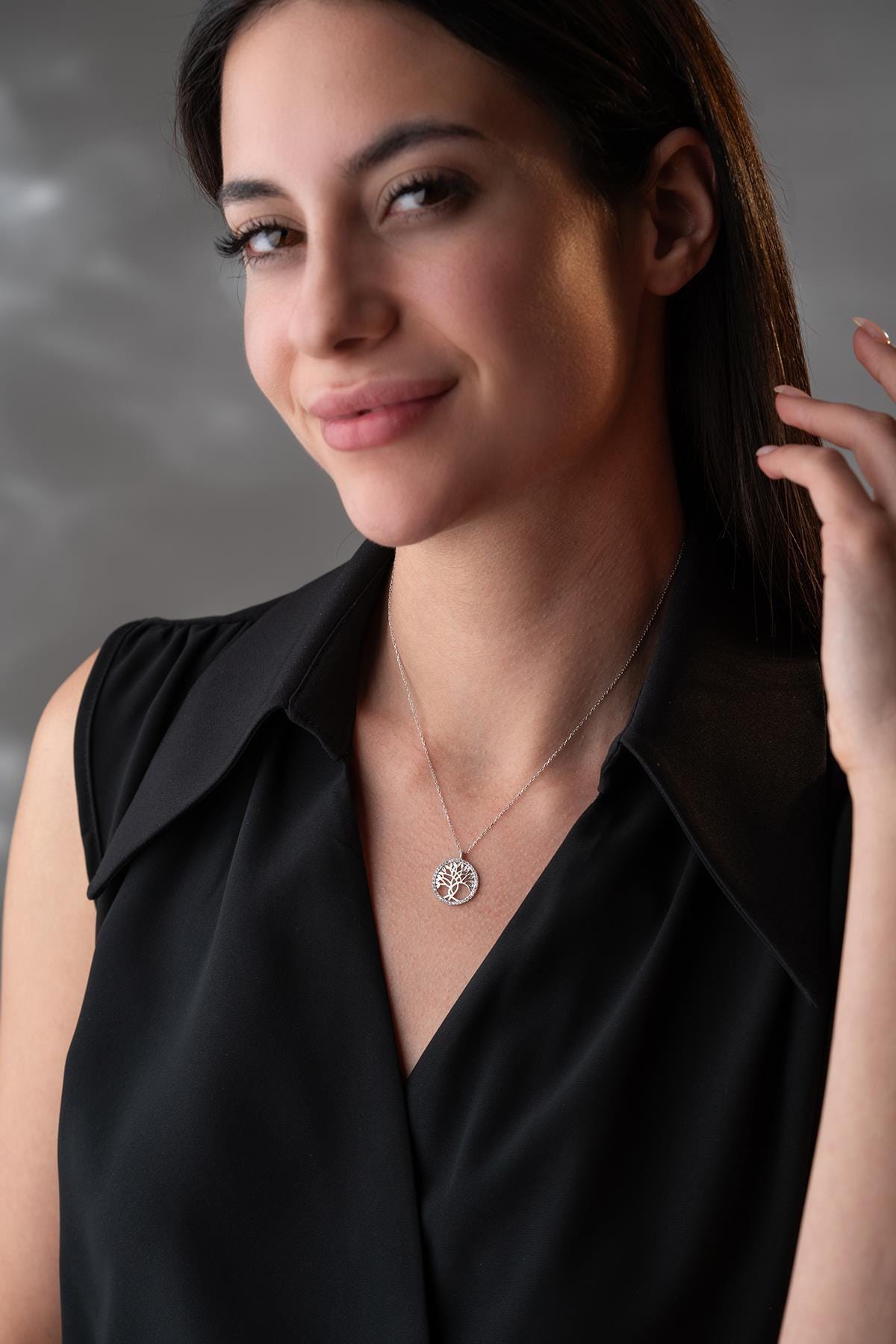 925 Sterling Silver Rhodium Tree of Life Necklace Zircon Pendant