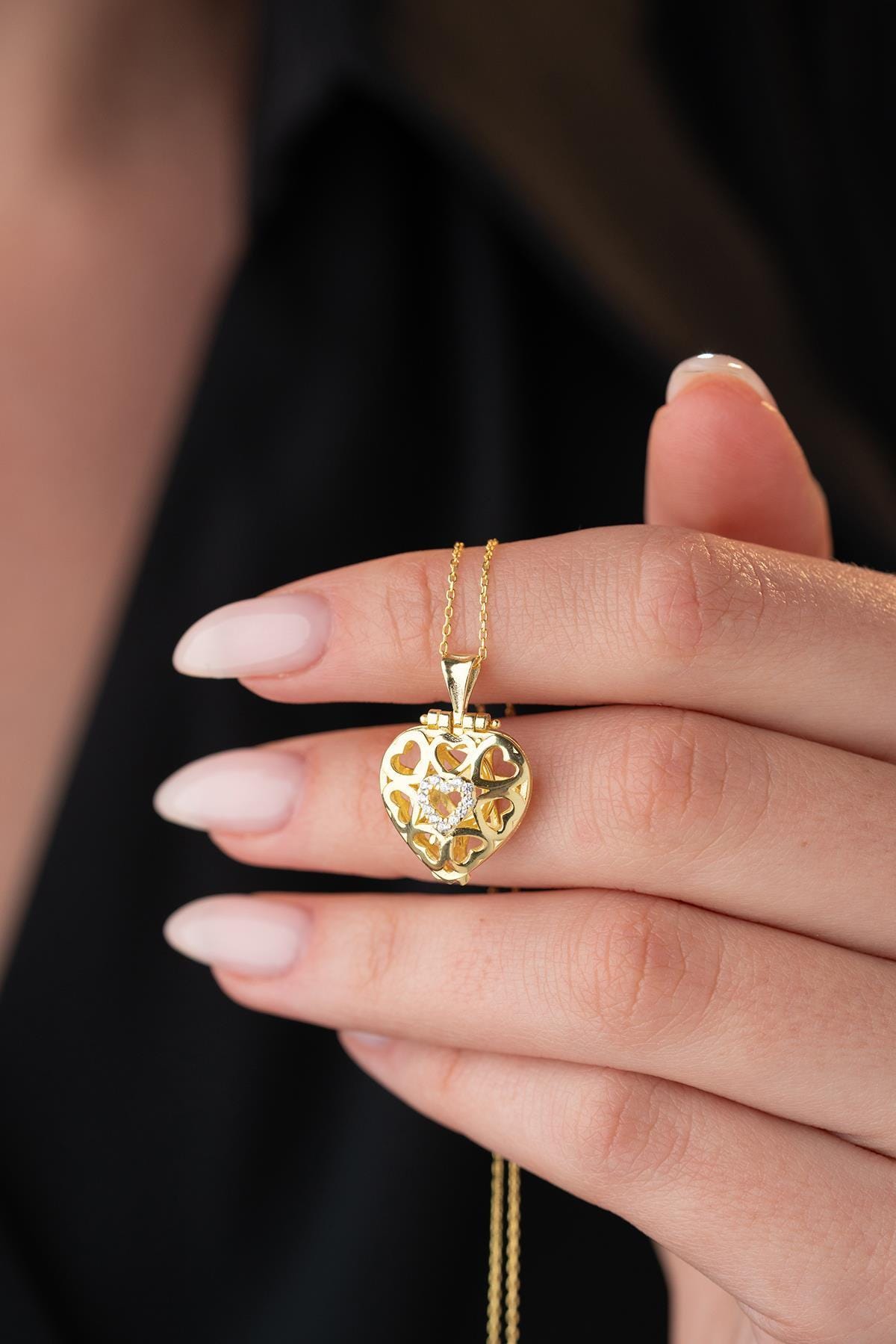 925 Sterling Silver 14K Gold Plated Heart Locket Necklace Zircon