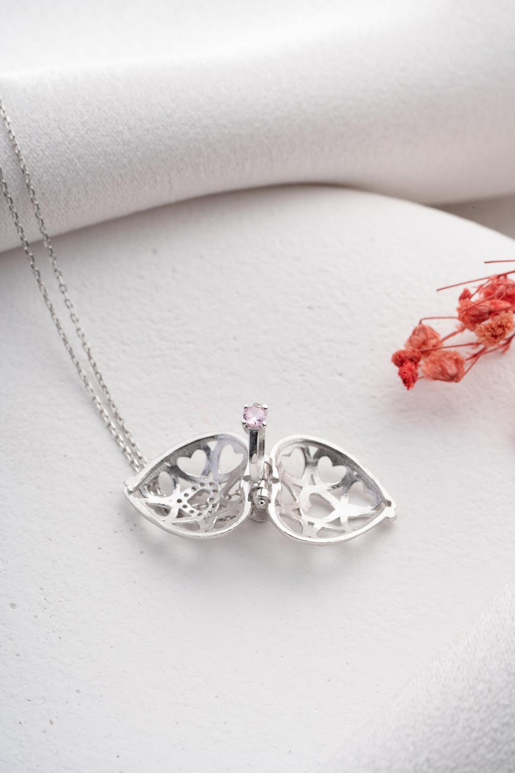 925 Sterling Silver Rhodium Heart Locket Necklace Zircon
